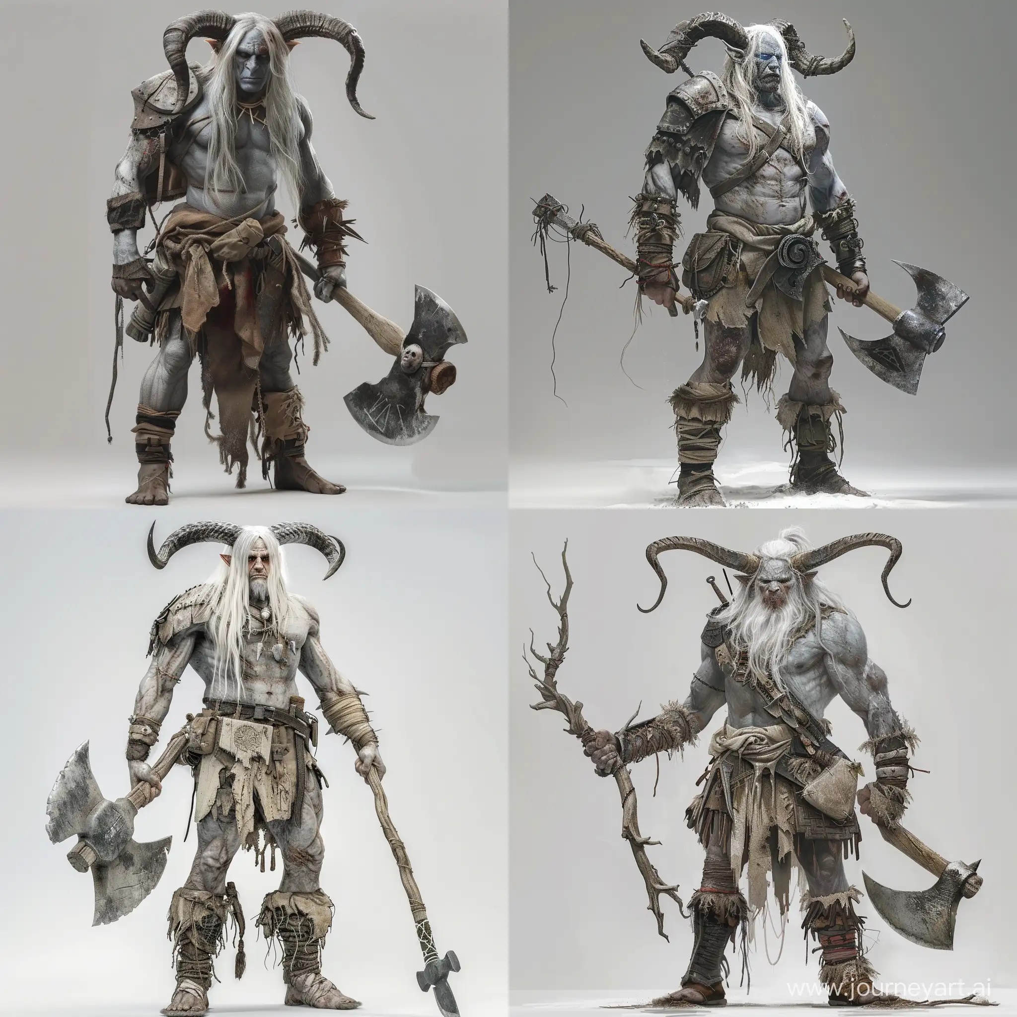 A realistic depiction of a tall human with grey skin, long white hair, and horns growing from his head. He wears raggedy travelers armor. Carries a large axe with two hands. full body. ultra realistic. Muscular.