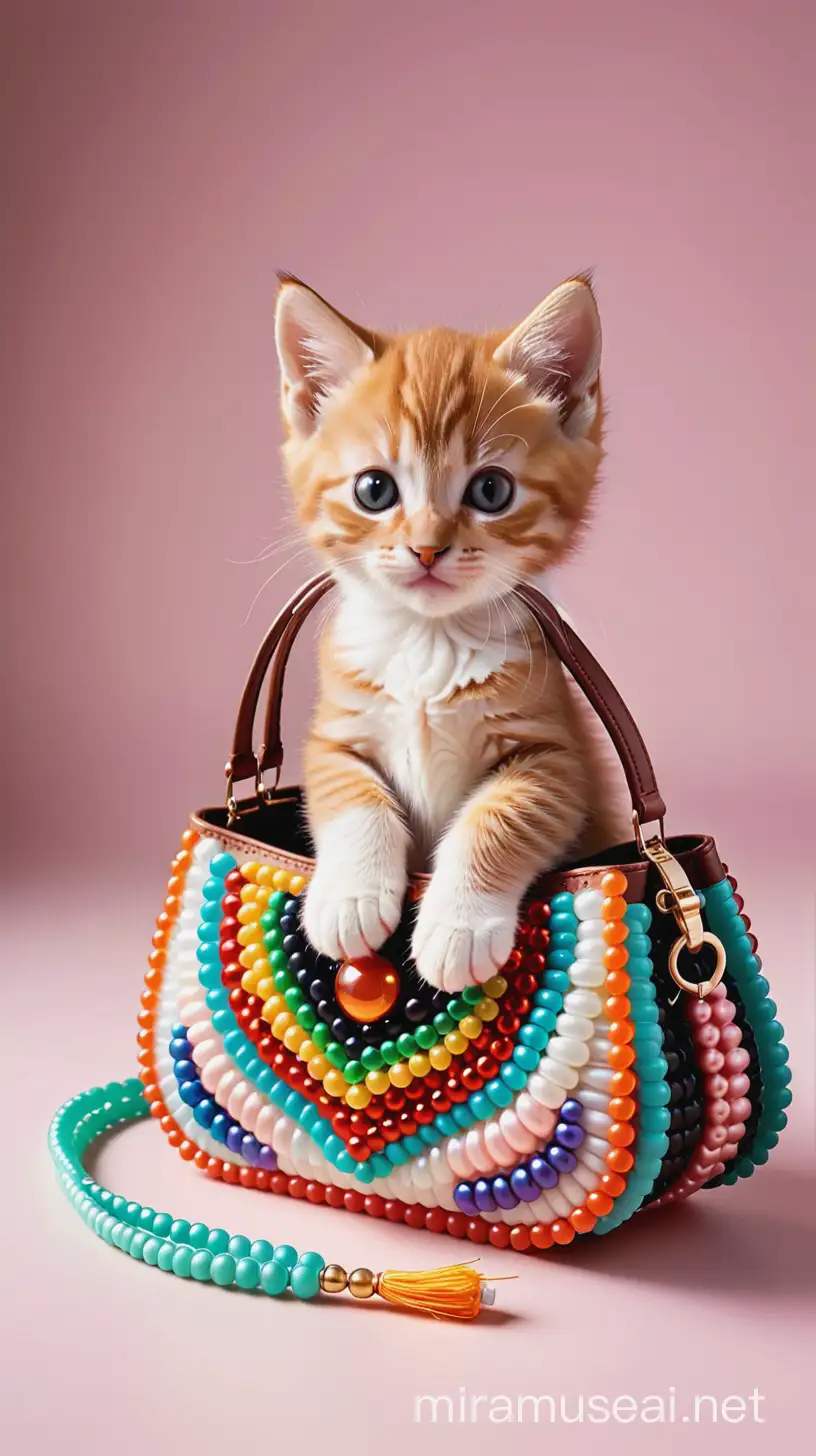 Cute Kitten weaves a handbag made of beads On Kodak Vision3 500