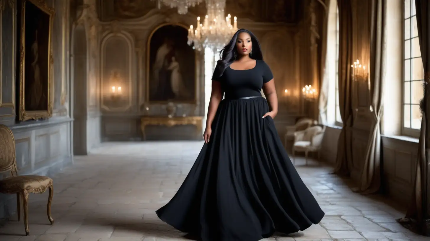 beautiful, sensual, classy elegant black plus size model wearing a round scoop neck black dress with a very flared skirt that ends at the floor, very full and flared long skirt, skirt is made from the same black fabric as top, fitted black bodice, deep and wide scoop neck  bodice, short length fitted sleeves, empire defined waistline with a waistband tonal to the dress, long  hair is flowing, luxury photoshoot inside a magical winter castle in France, winter decorations inside the rooms in the castle, antique background