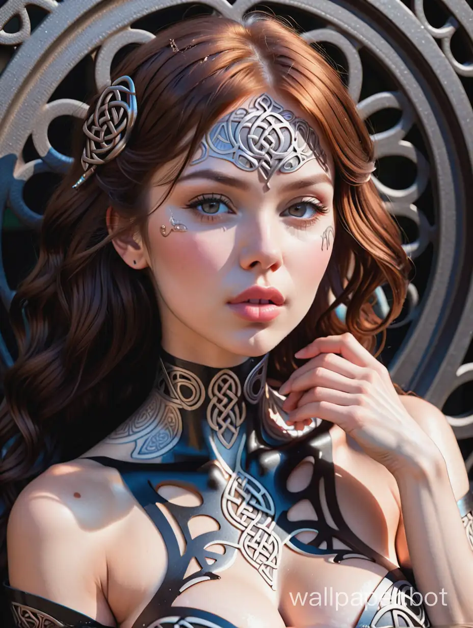 Futuristic-Cyborg-Girl-with-Celtic-Ornament-Tattoos-in-Openwork-Iron-Setting
