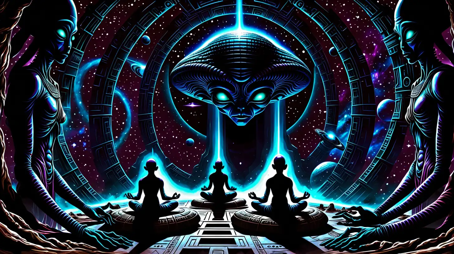 ET Space Temple, Aliens meditating, deep space, dark colors
