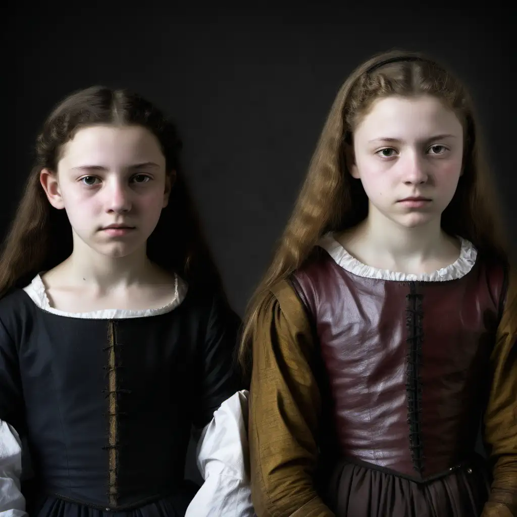 A color profile photo of girls, aged 12 and 15. Both stand sombre. They wear very poor clothes. Set in 1595.