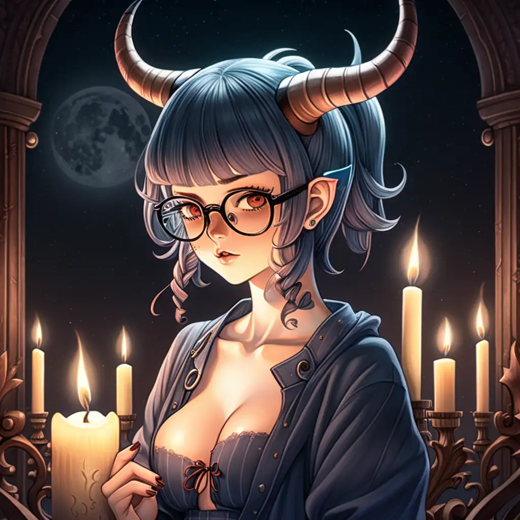 Seductive Demon Girl with Freckles Glasses and Horns