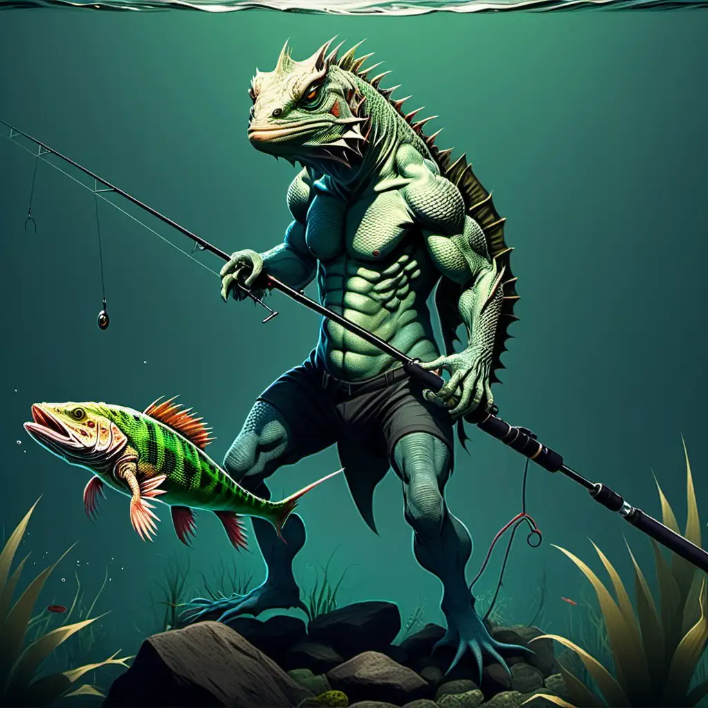 A lizard man humanoid with a fishing rod getting very big fish