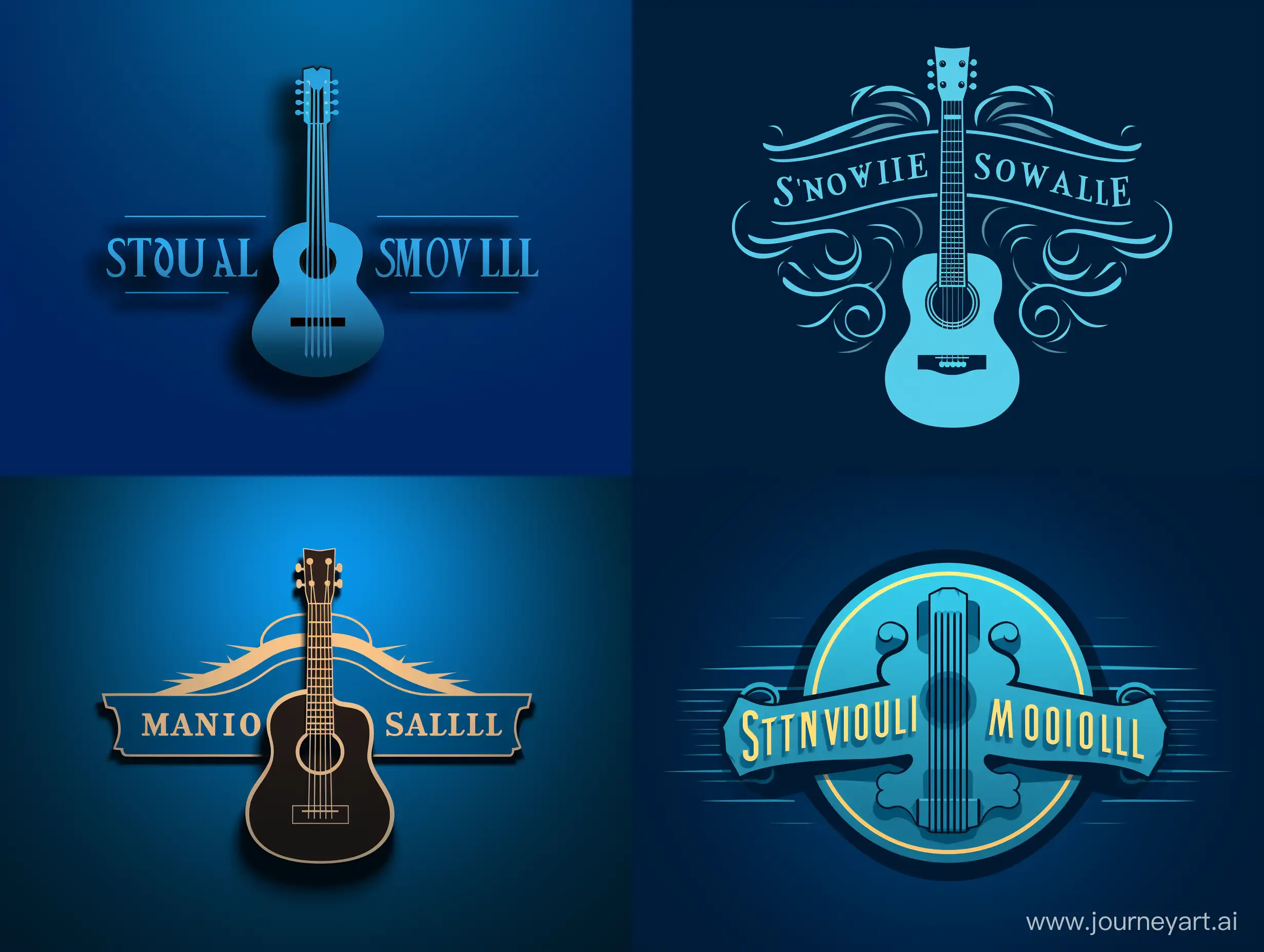 Petit logo monochrome avec ombre, centré sur fond pleine page couleur bleue, guitare acoustique, ukulélé, leçon, tutoriel