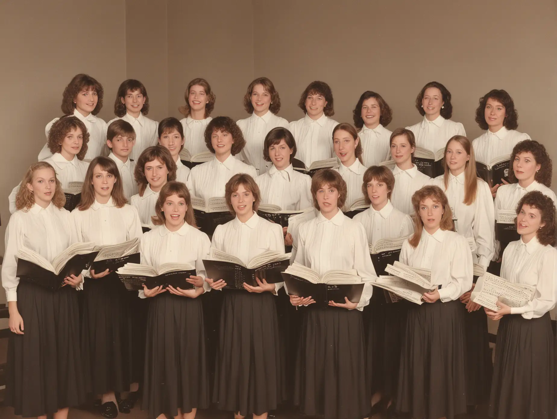 vintage 1980s choir photos standing with sheet music stands mid performance
