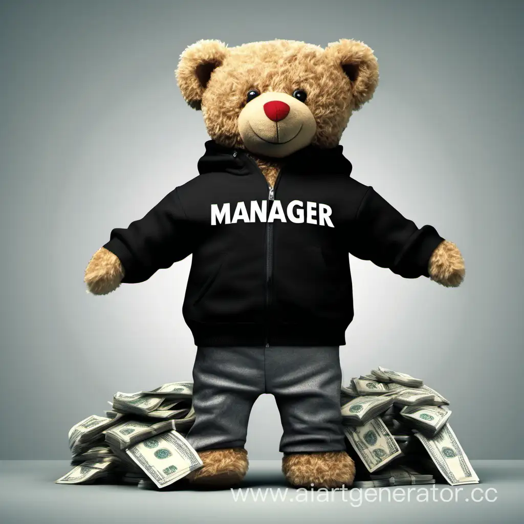 a teddy bear in a black sweatshirt with money and the inscription "Manager" ON the JACKET