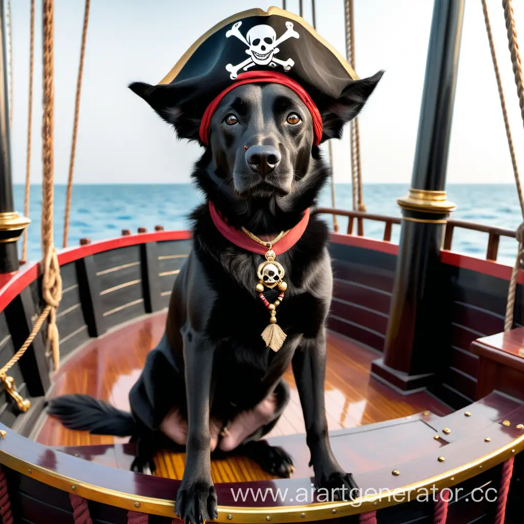 A black indian pariah female dog on a pirate ship
