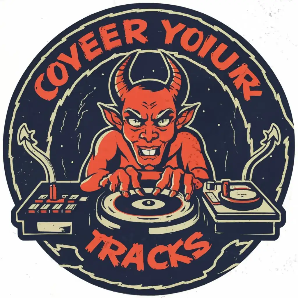 LOGO-Design-For-VinylVoyage-Devil-DJ-Spinning-Tracks-with-Wink-and-Travel-Theme