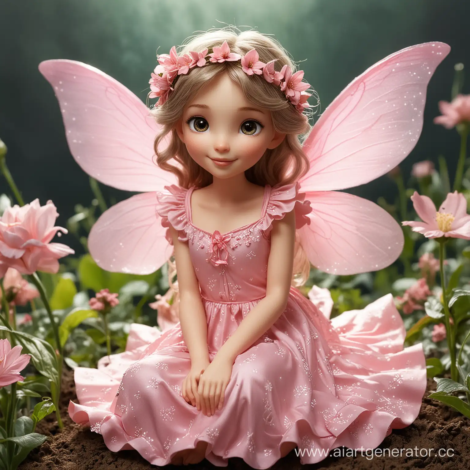 фея цветов сидит сверху планеты Земля и садит на ней цветы; она с добрыми глазами и улыбкой, милая и добродушная,  одета в розовое платье, ее крылья очень красивые
