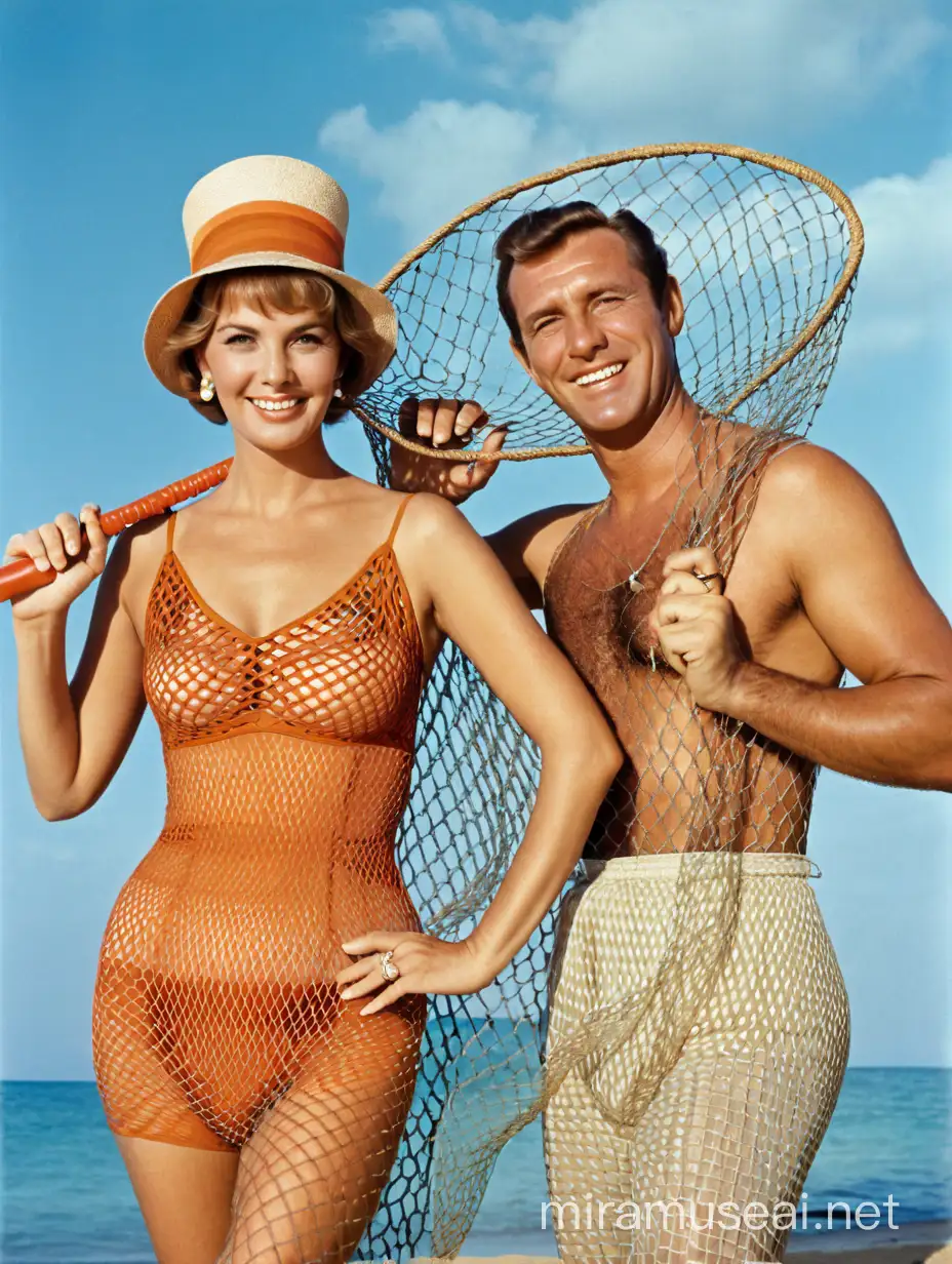 Smiling Caucasian Couple in Retro Beach Fashion Portrait