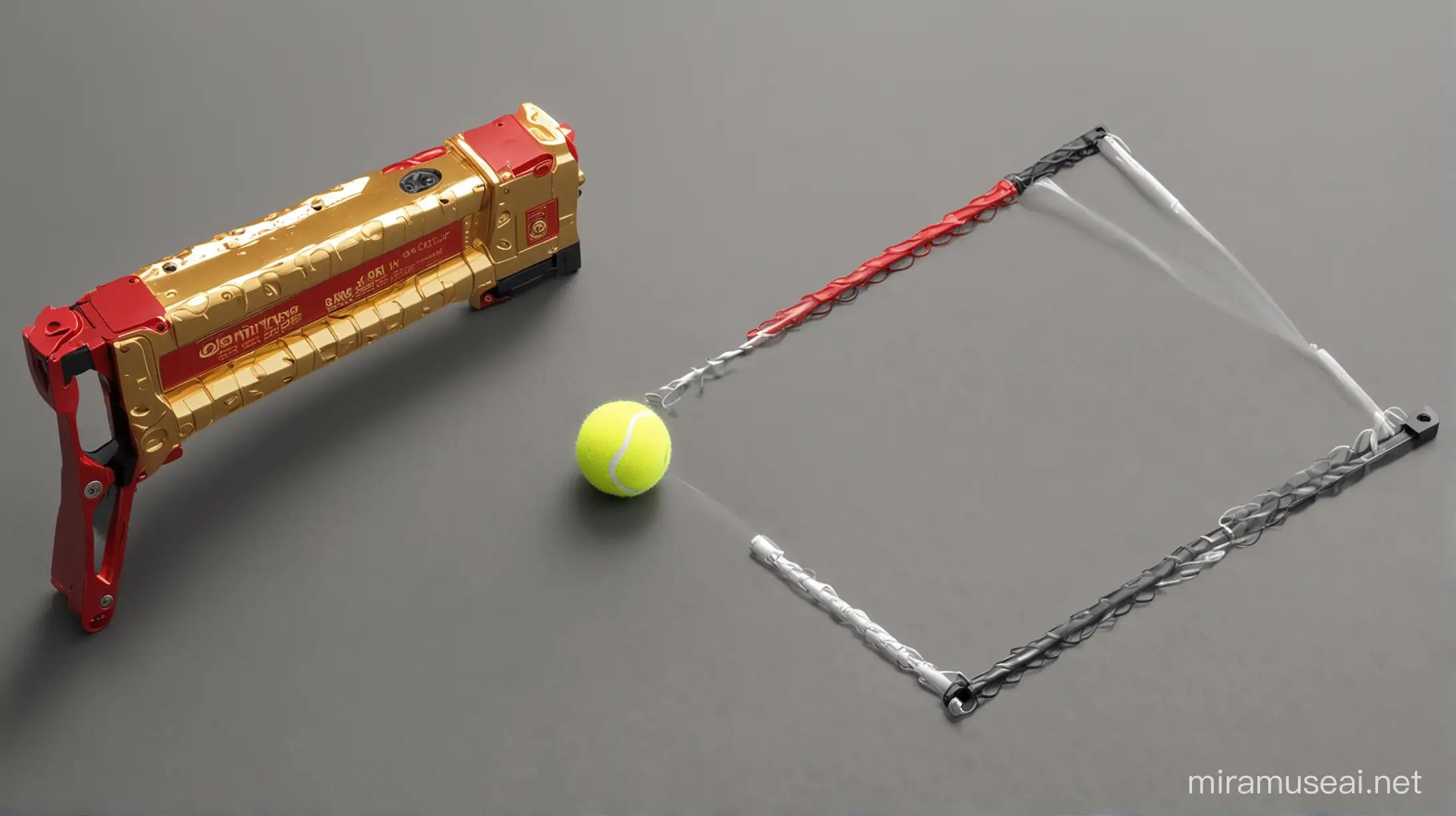 show me a realistic gold & red tennis ball launcher with a digital screen next to it
