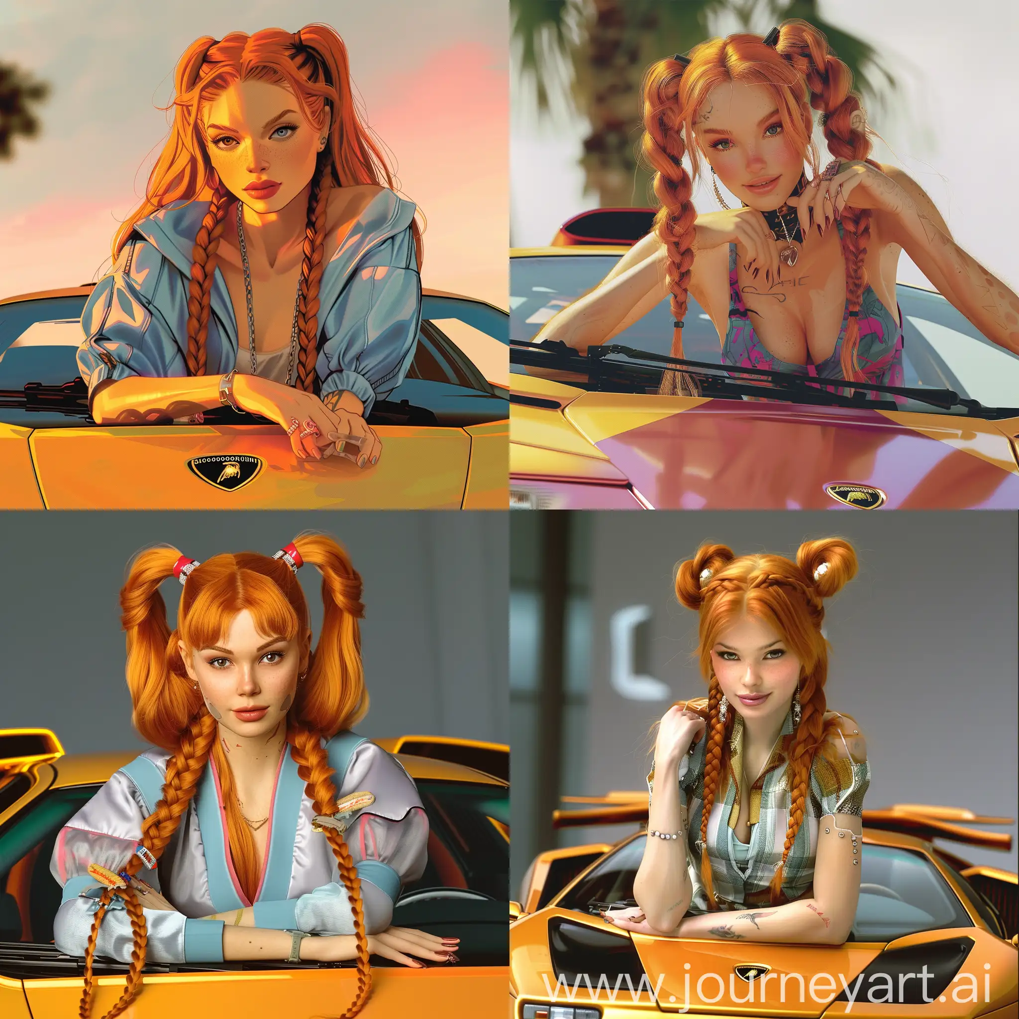 animated style, colorful and vibrant. A young 25 year old woman, attractive, with ginger hair in long double braids. Seductive outfit. She is leaning on a modern Lamborghini Diablo