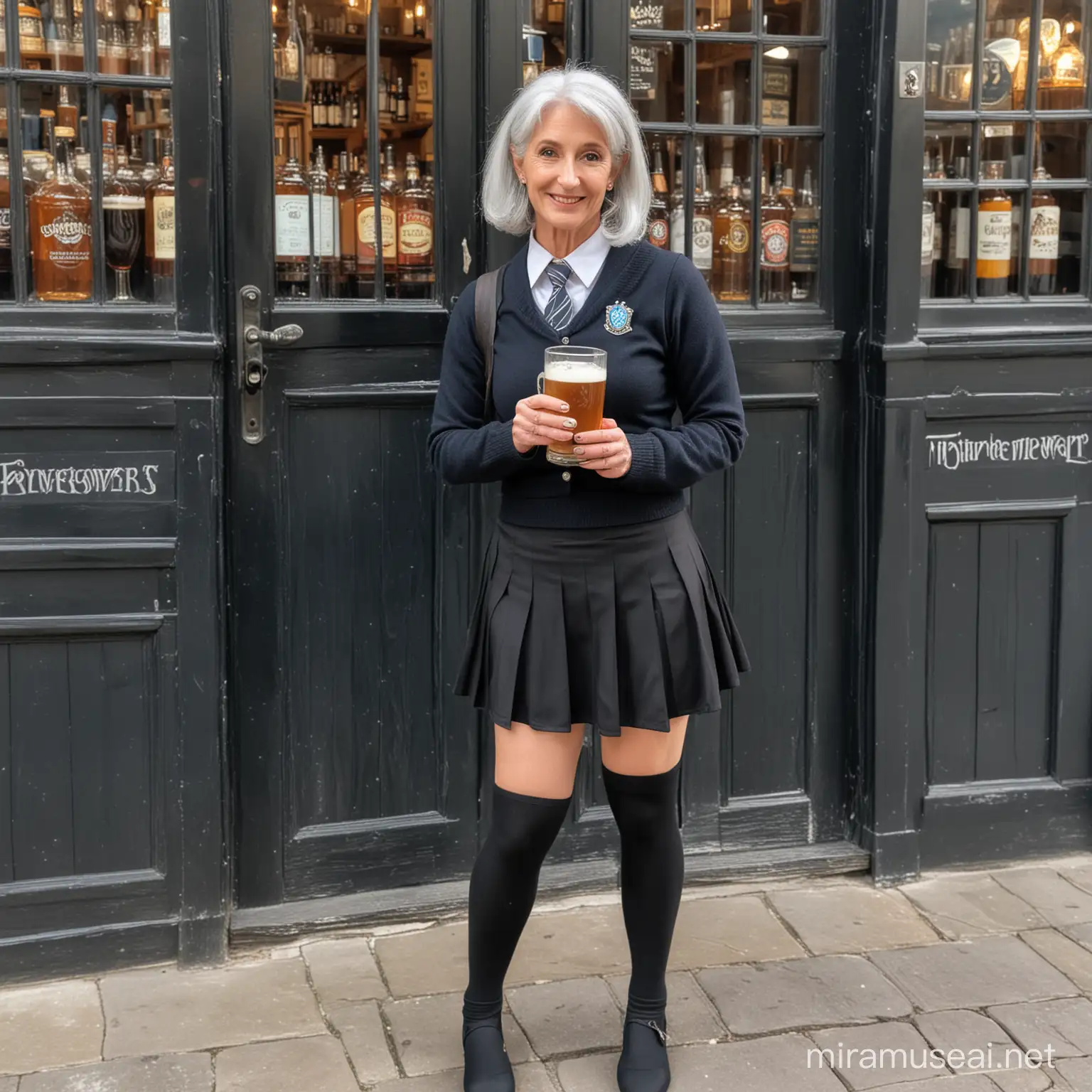 mature lady with silver hair, wearing Hogwarts Ravenclaw school uniform with short black wool skirt and black nylon tights, drinking butter beer at the three broom sticks bars in hogsmead