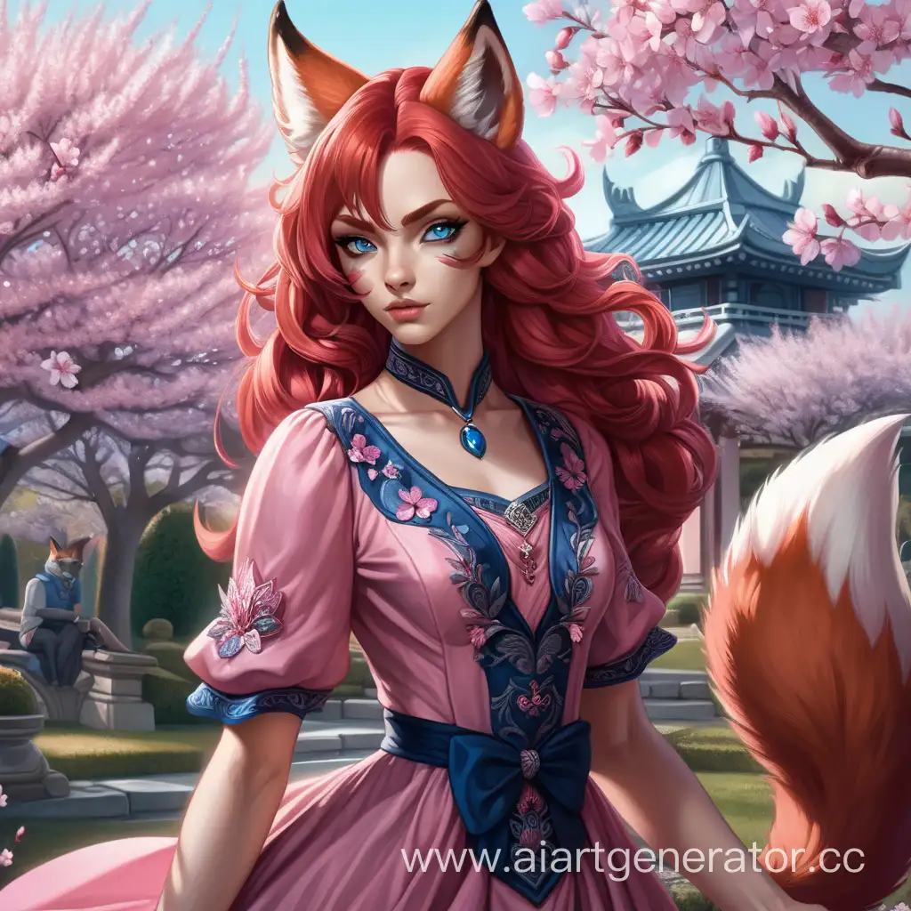 Mystical-Werewolf-Fox-Amid-Cherry-Blossoms-Fiery-Beauty-in-a-Pink-Dress