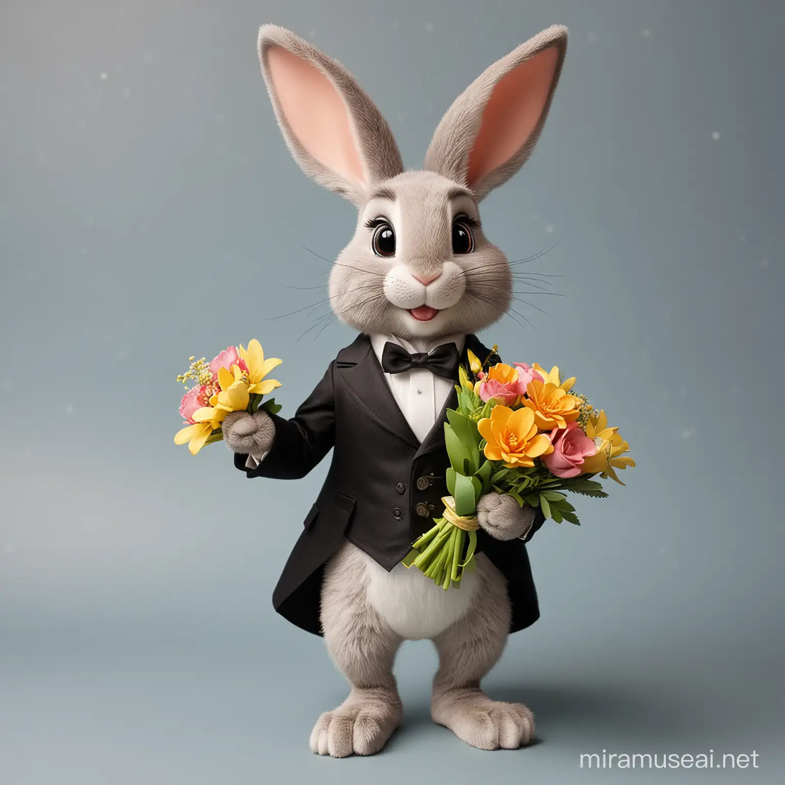 rabbit in tailcoat with bouquet of flowers, birthday, in the style of Disney Pixar