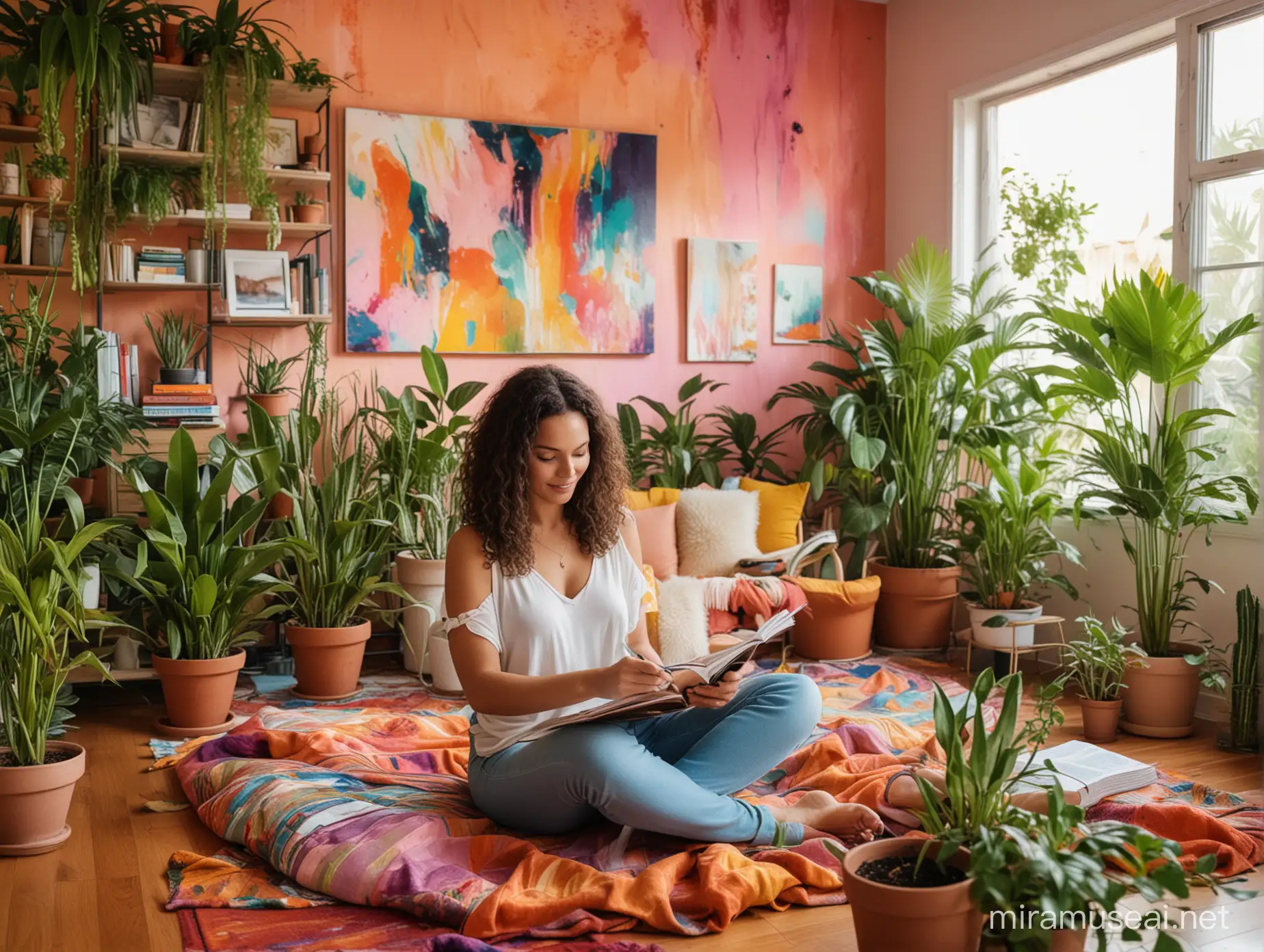 Vibrant Abstract Background Woman Engages in SelfAwareness Journaling in Living Room Oasis