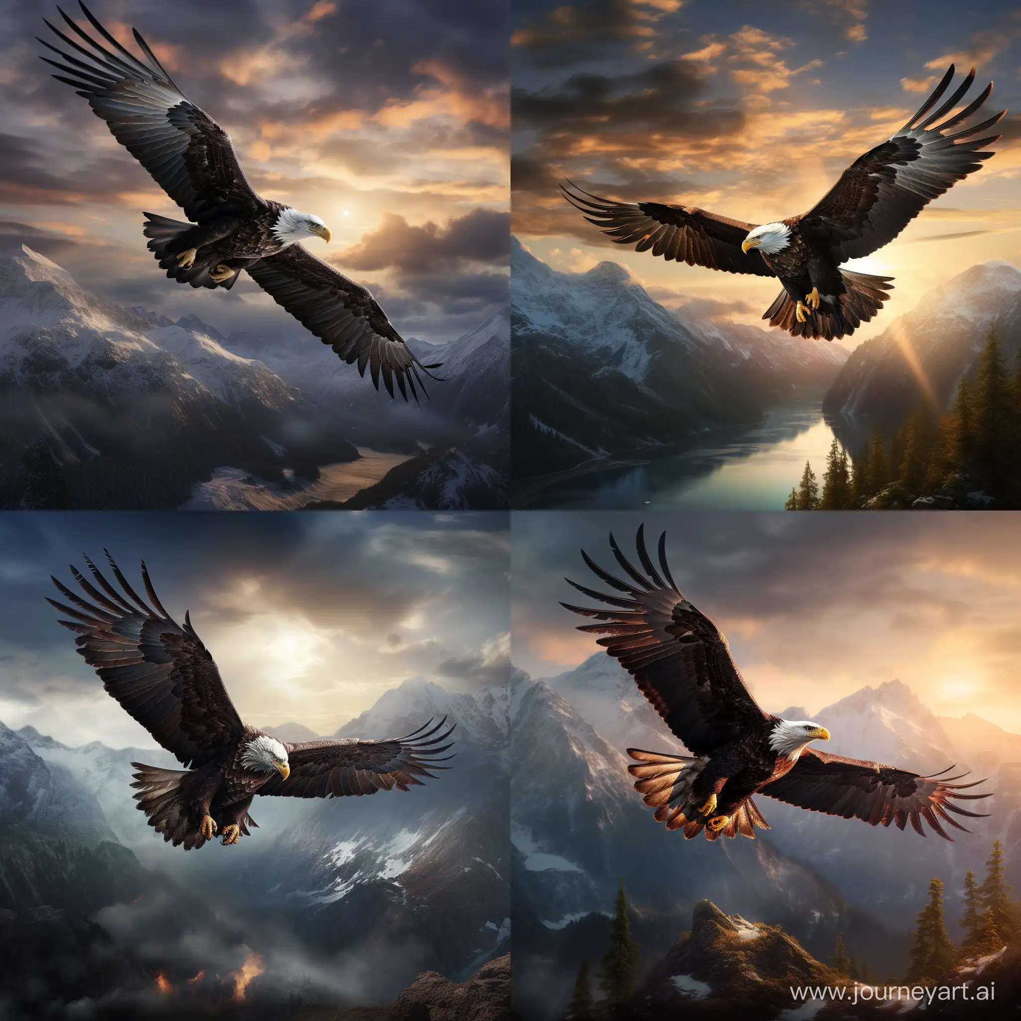 An eagle soaring high, realistic, Glorious, Majestic, cinematic lighting, --ar 1:1 --q 2