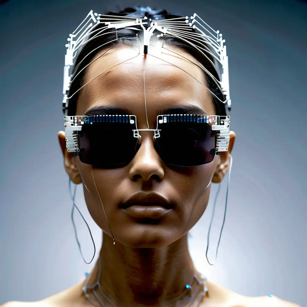 Futuristic Fashion Model Flaunting Microchip Sunglasses with Intricate Wiring