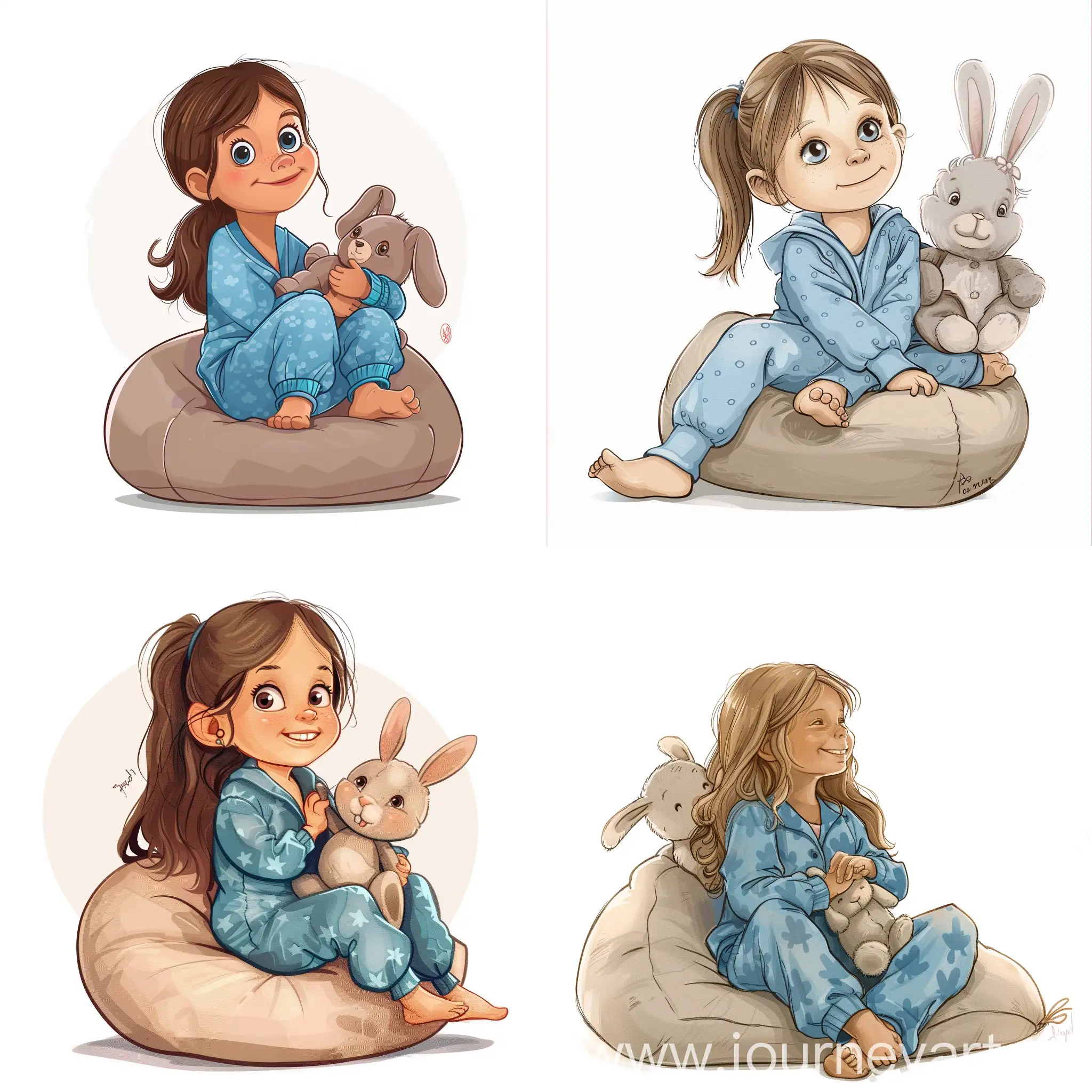 A 5-year-old girl, wearing a blue pajama is sitting on a bean bag while holding a stuffed bunny. Cartoon-style animation children illustration,