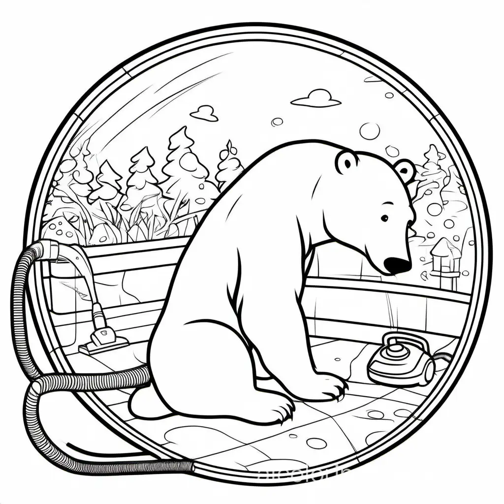 polar bear using a vacuum cleaning up, Coloring Page, black and white, line art, white background, Simplicity, Ample White Space. The background of the coloring page is plain white to make it easy for young children to color within the lines. The outlines of all the subjects are easy to distinguish, making it simple for kids to color without too much difficulty