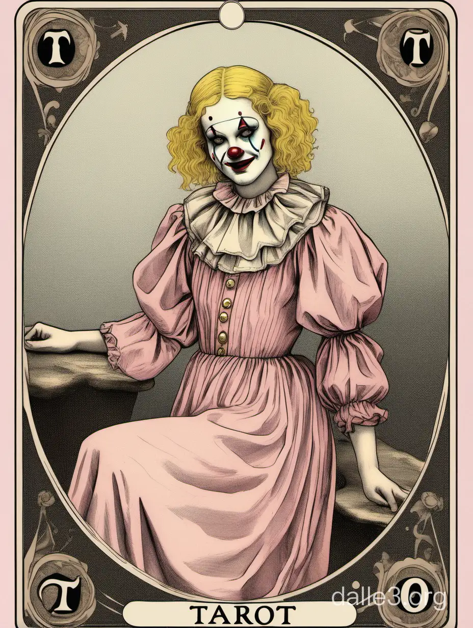 tarot card, antique style, drawing of a blonde girl clown, pale pink clothes.