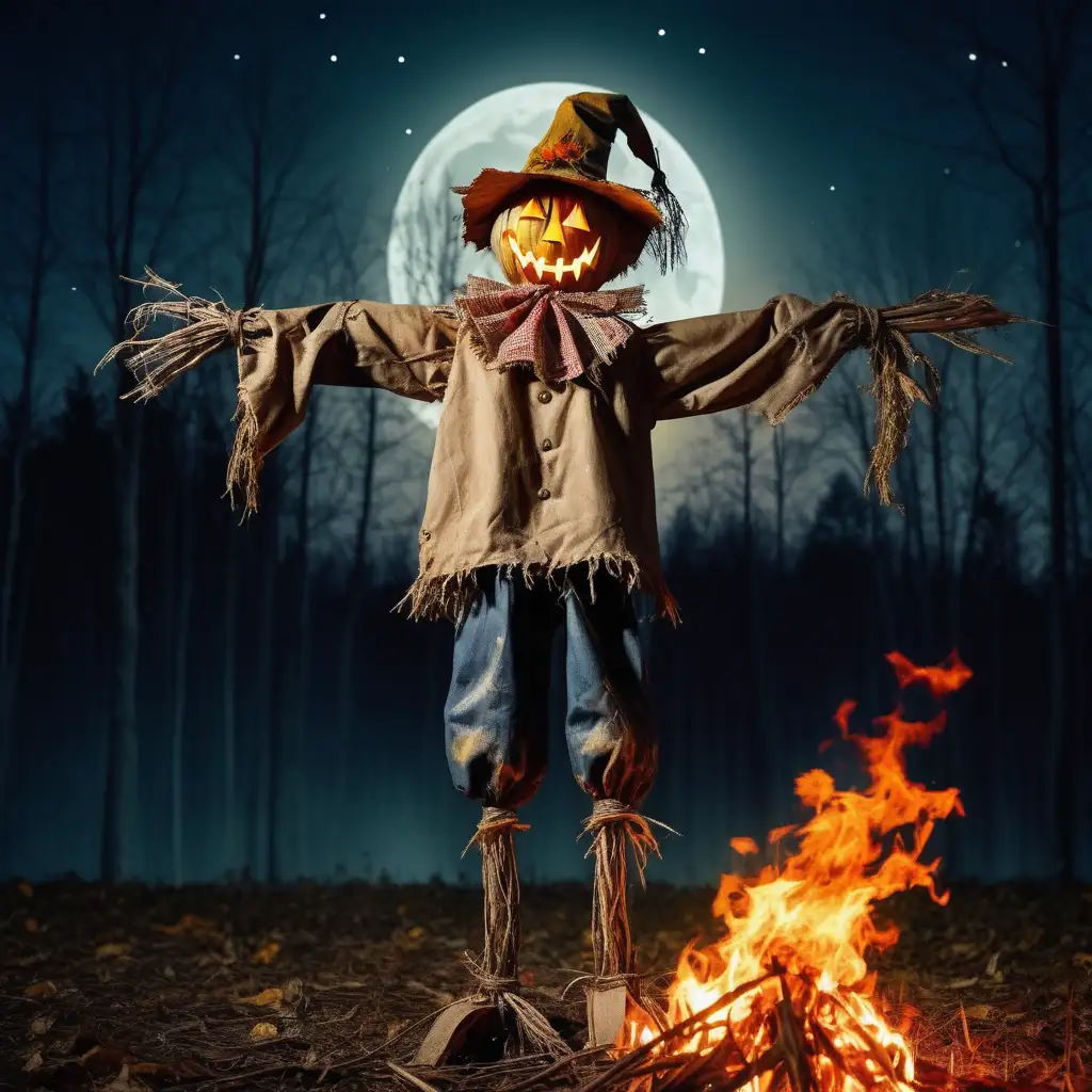 scarecrow with burning head against a forest background with a full moon in the sky at night
