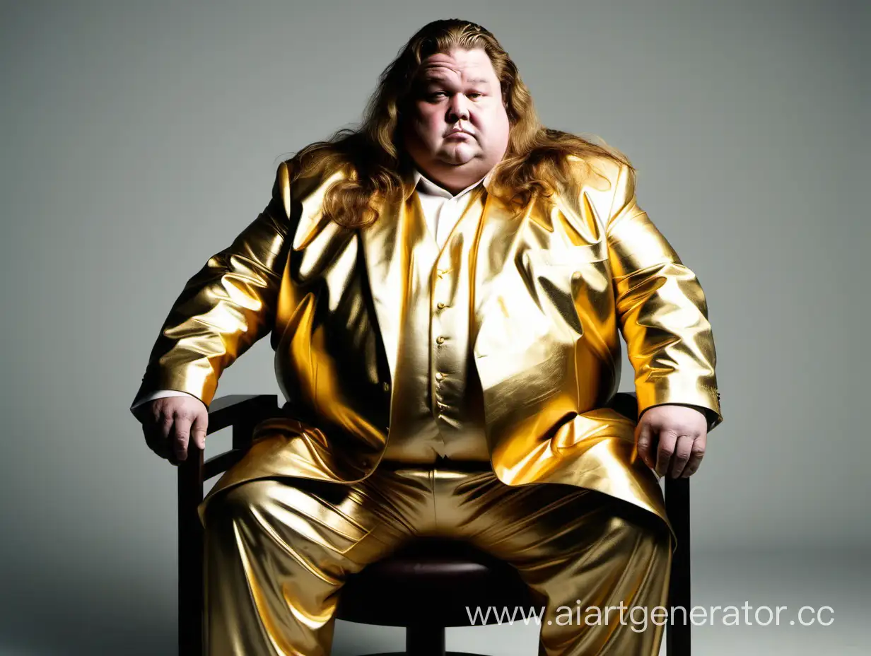 Жирный миллионер сидит на стуле вокруг него слитки золото у него длинные волосы на нем официальный пиджак дорогой