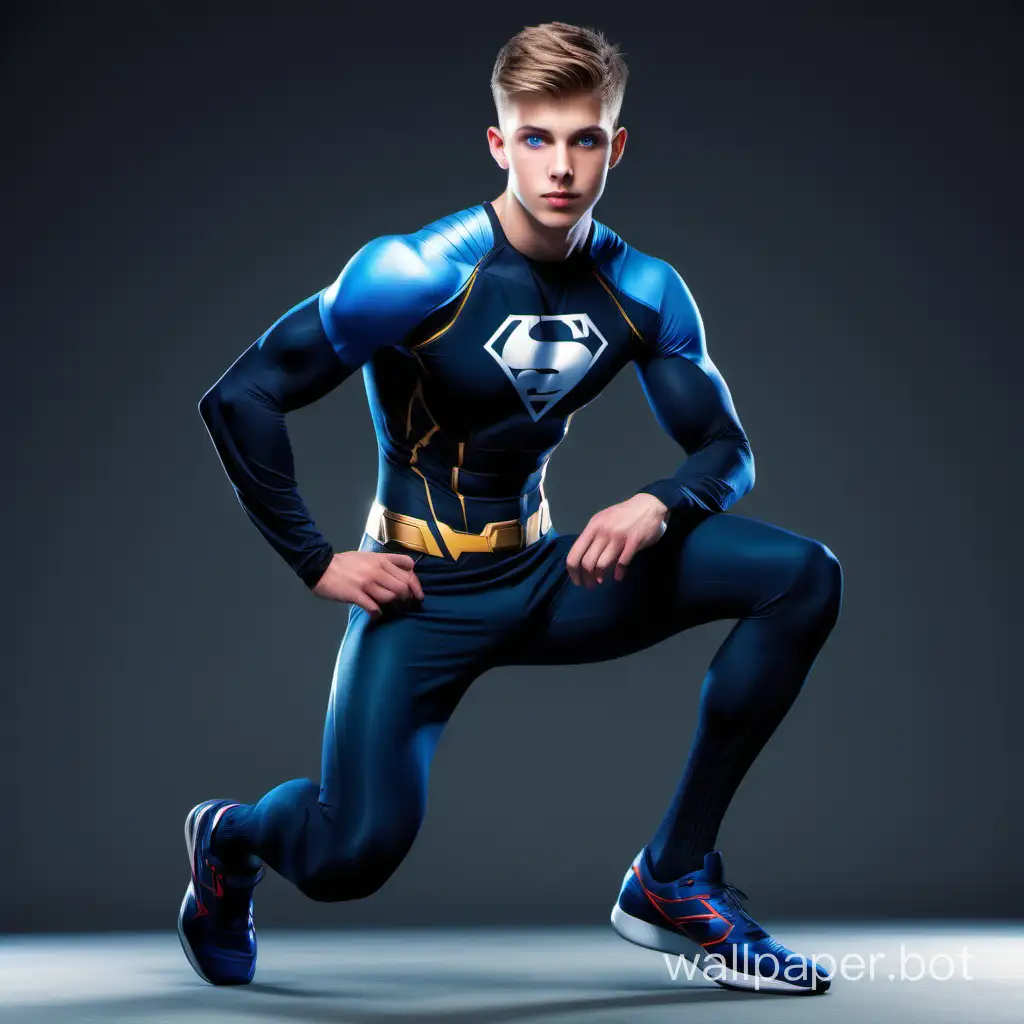guy 20 years old, athletic legs, short haircut, blue eyes, athletic build, tall, full height, compression clothing, superhero, flight