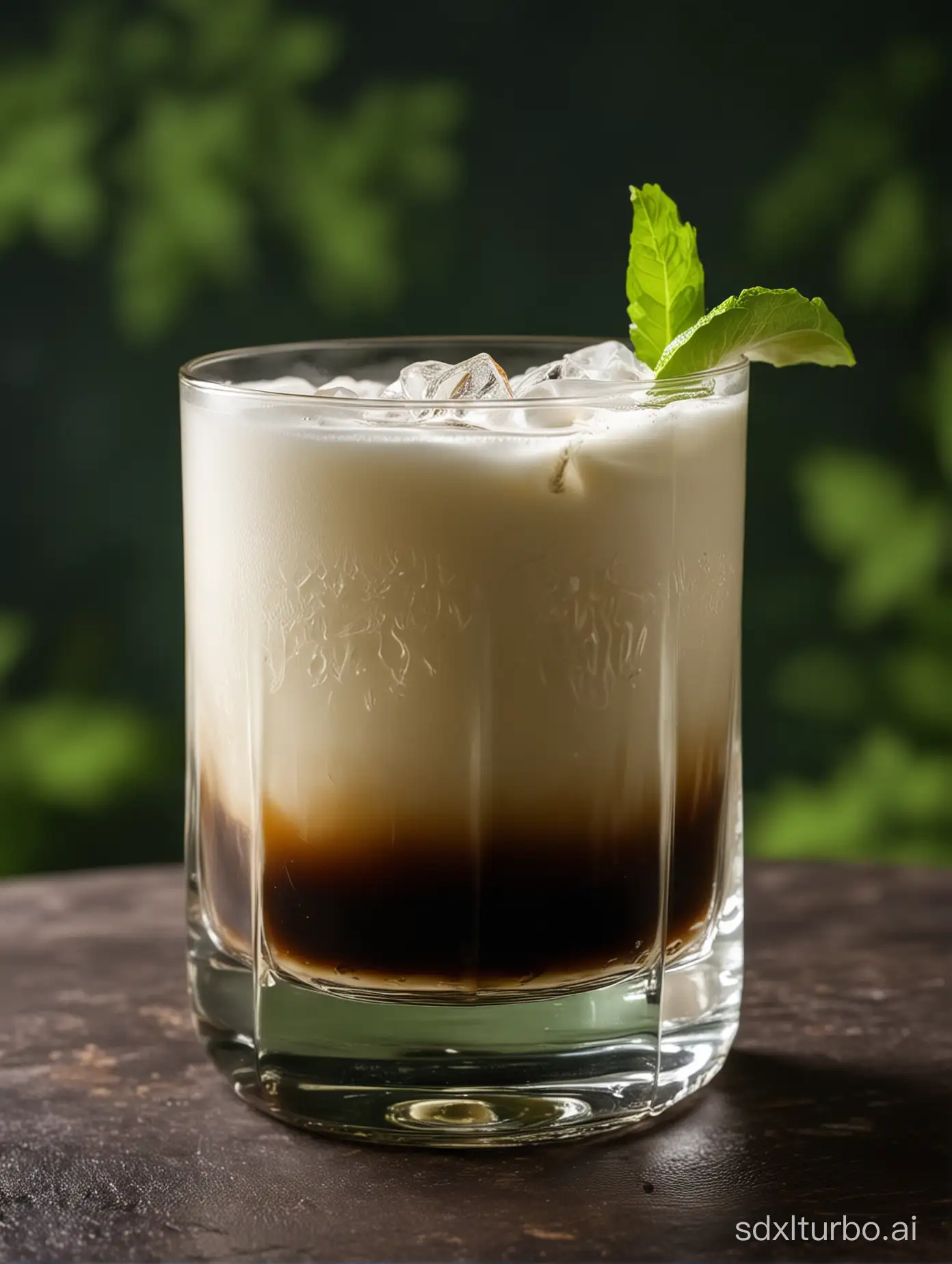a glass of white russian, on the table, at night, green background