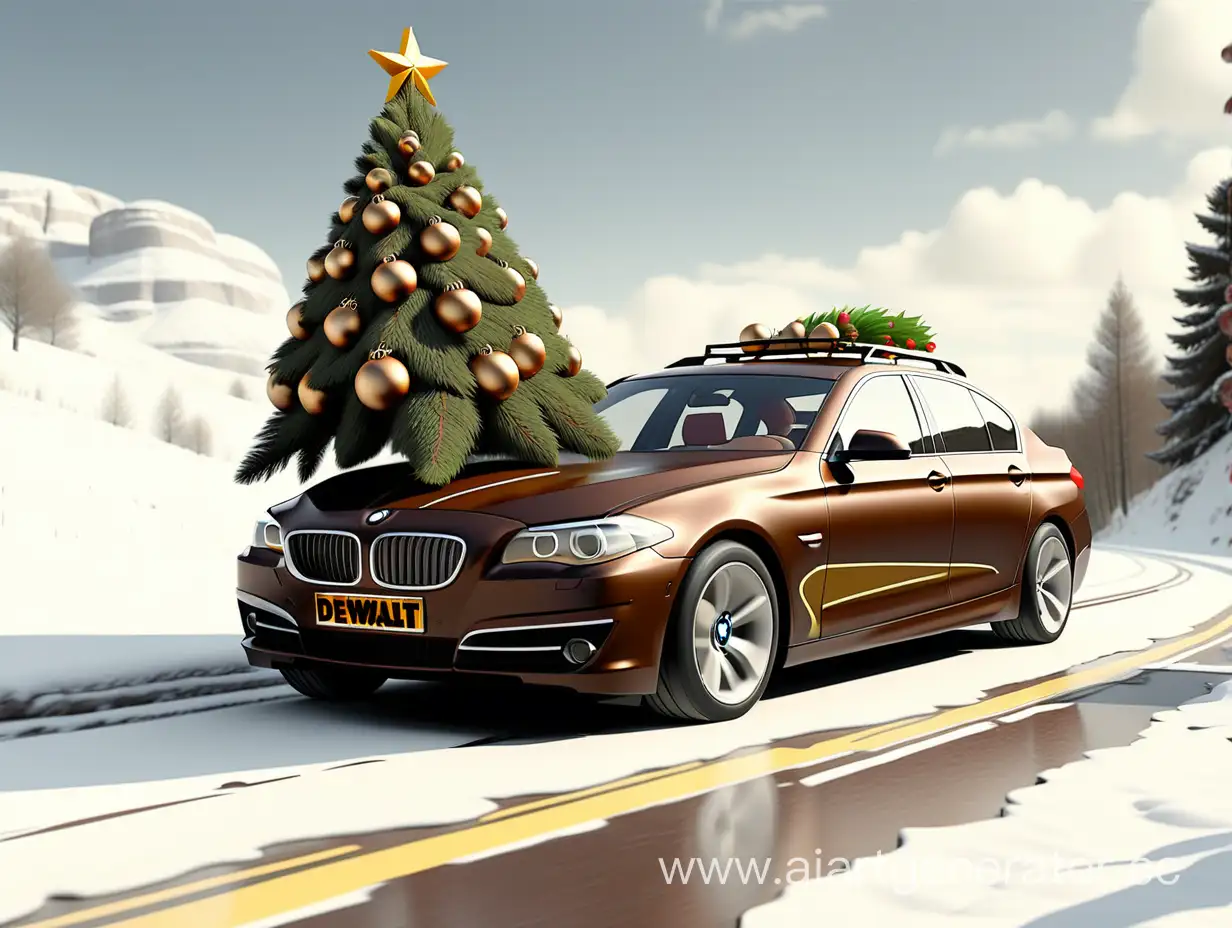 Стильная коричневая    BMW 5 серии f10 едет по заснеженной дороге ,  На крышке привязана новогодняя  елка.
В небе нарисован слоган Dewalt 