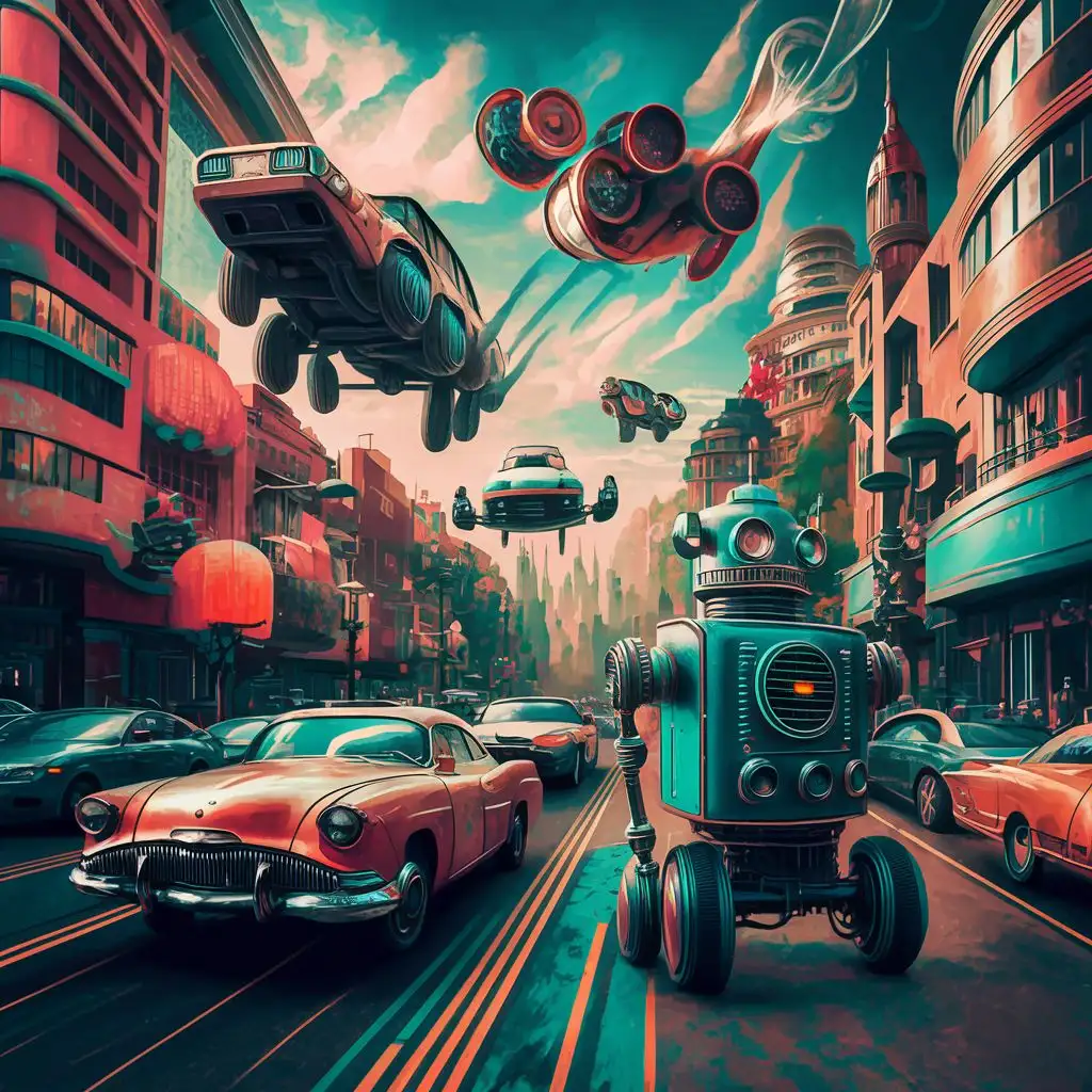A blend of vintage aesthetics with futuristic technology, like flying cars or robots with a classic charm.