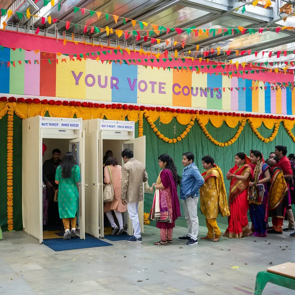 Vibrant Indian Polling Booth with Traditional Decorations