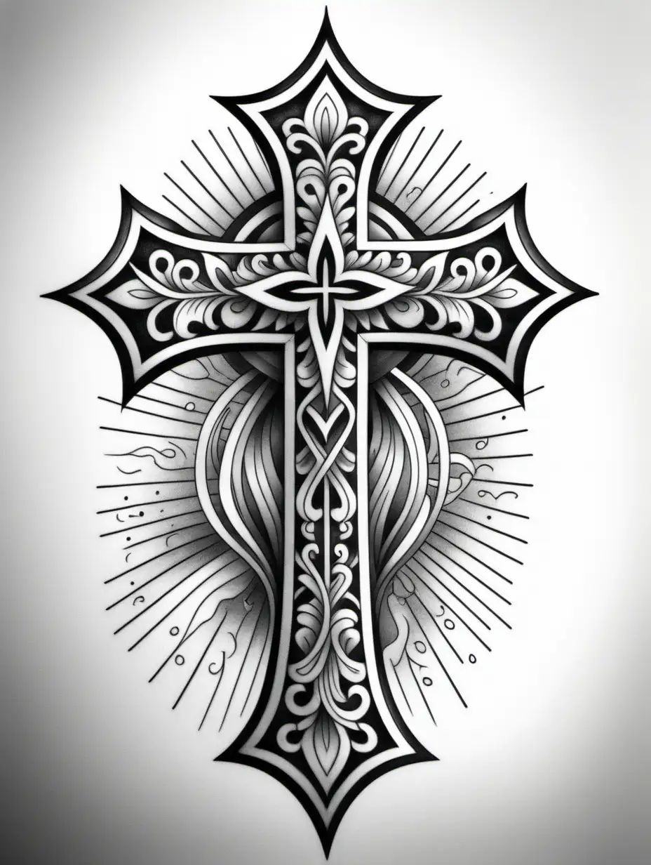 a modern black and white cross tattoo for a coloring book