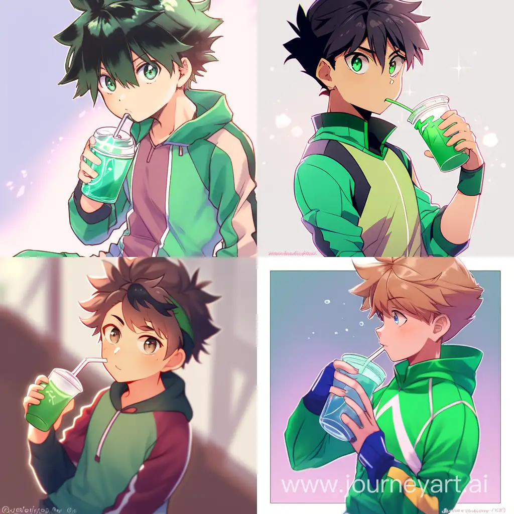 Athletic boy wearing green clothes holding a Glass cup  of chocolate