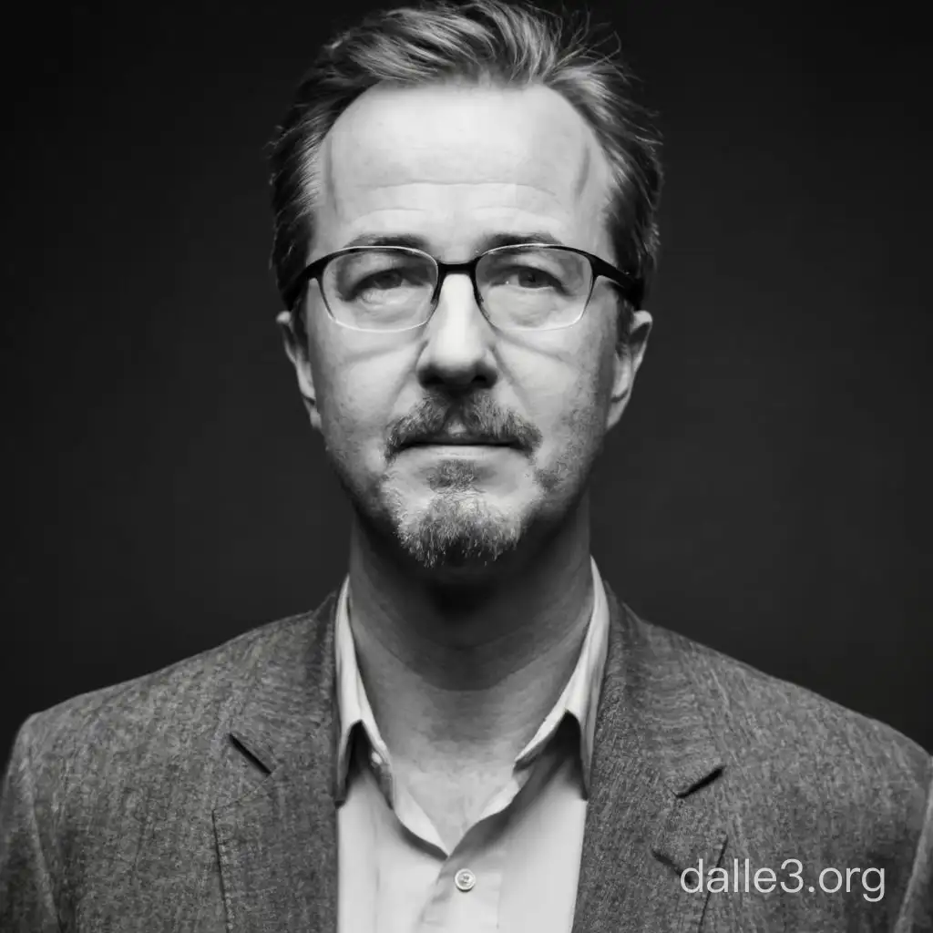 Edward Norton with a goatee and glasses with a slight smile against dark background - low key black and white portrait lighting, closeup with a wide angle lens, high texture and detail