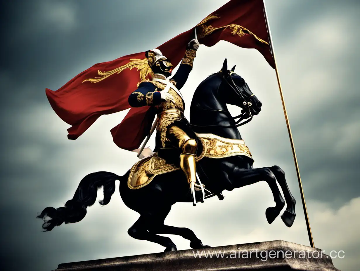 Бог кавалерии, в лице гусара времён наполеоновских войн, с развивающимся по ветру знаменен в руках