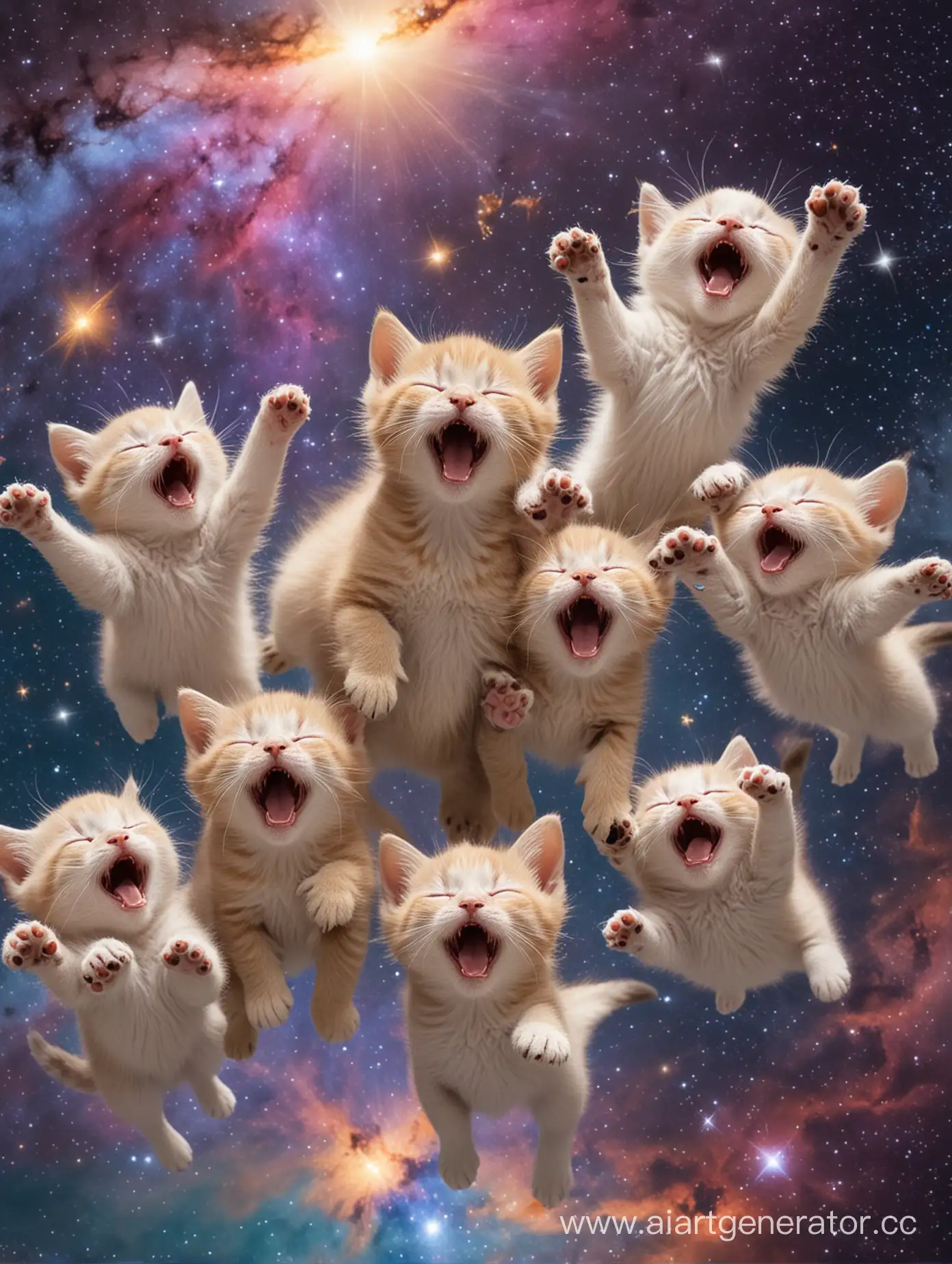 Bunch of tiny Kittens flying in cosmos and yawning
