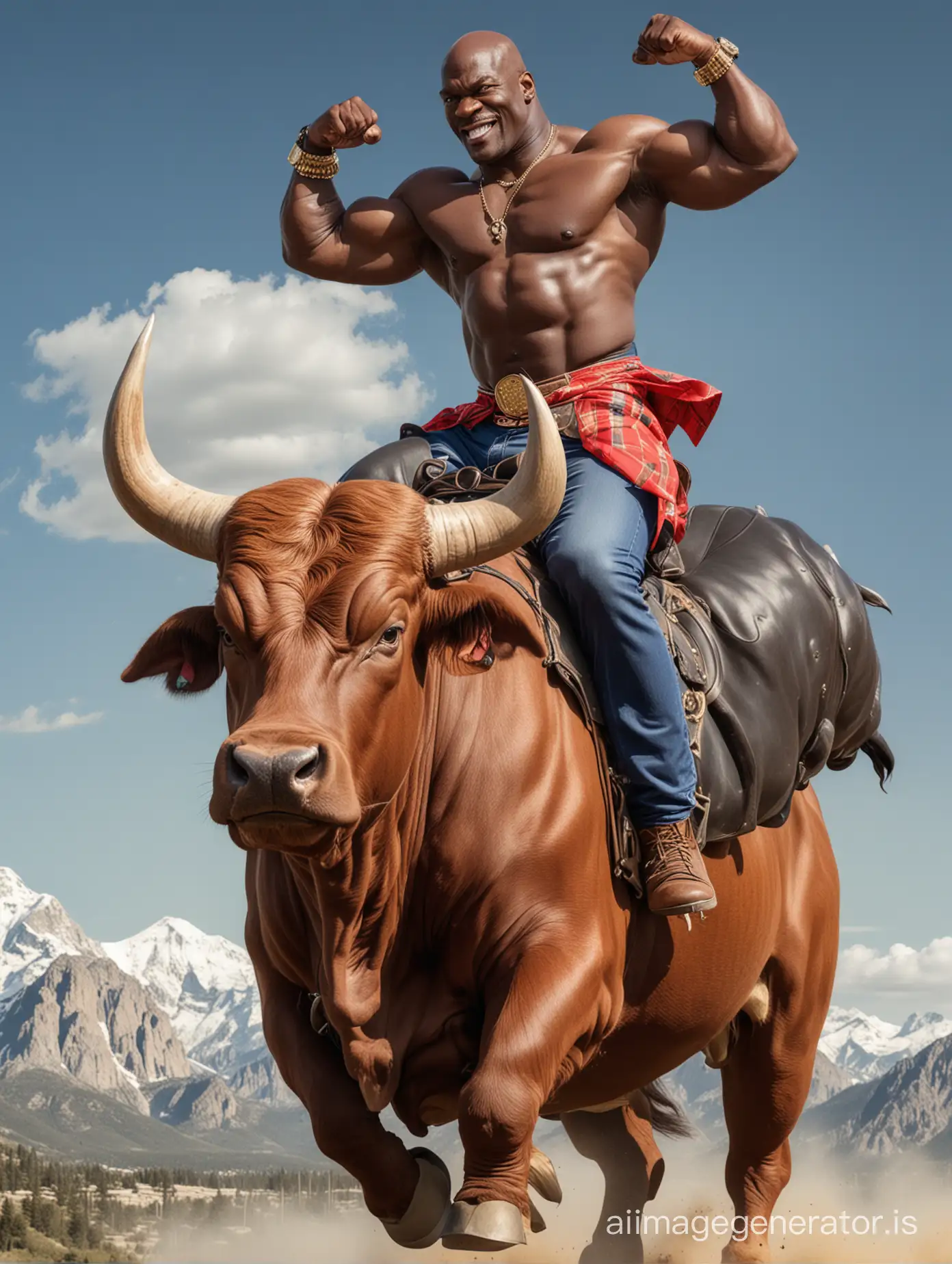 Ronnie Coleman riding a bull, crypto chart background