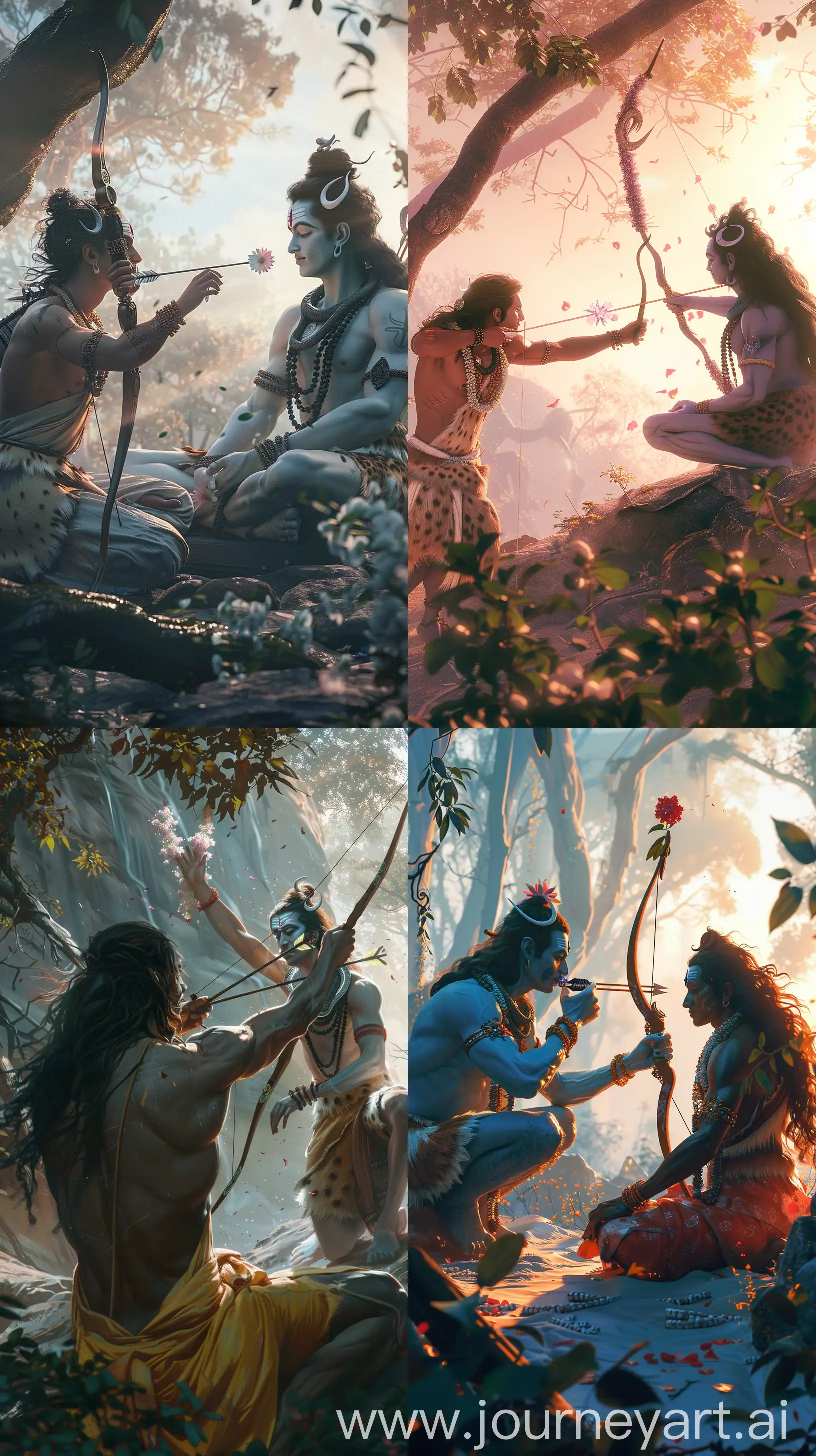 !mj1 Kamadeva shooting a flower arrow to awaken Shiva from meditation, ultra-detailed, photorealistic, high resolution, Hindu mythology, serene yet dynamic composition, soft morning light casting gentle shadows --ar 9:16 