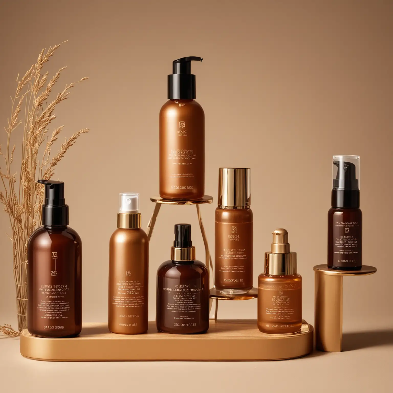 Luxury Skincare Products Photoshoot with Brown Bottles and Tan Accents