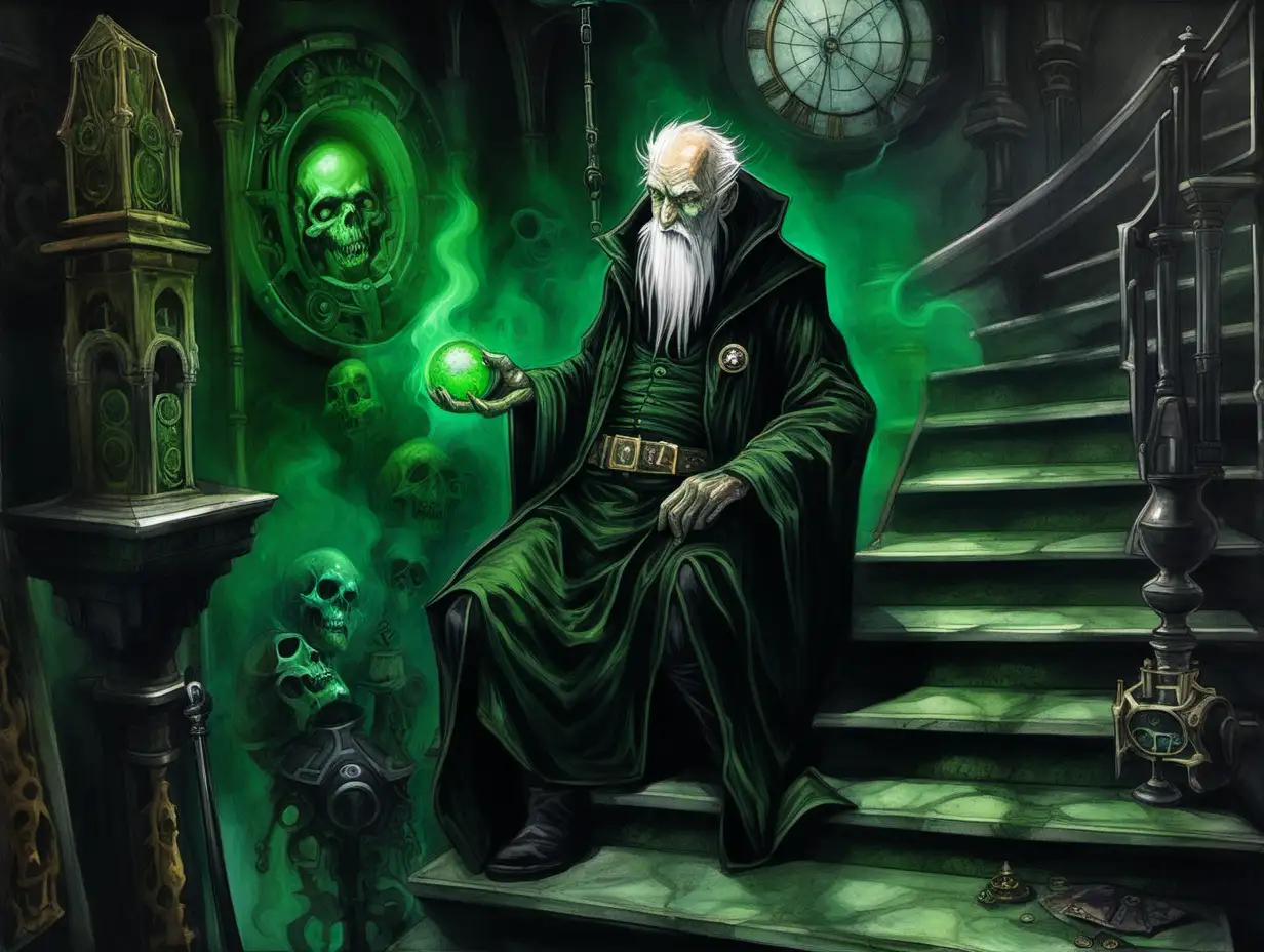 decrepit old man, necromancer, black robes, top of a staircase, black green steampunk room, Medieval fantasy painting, MtG art