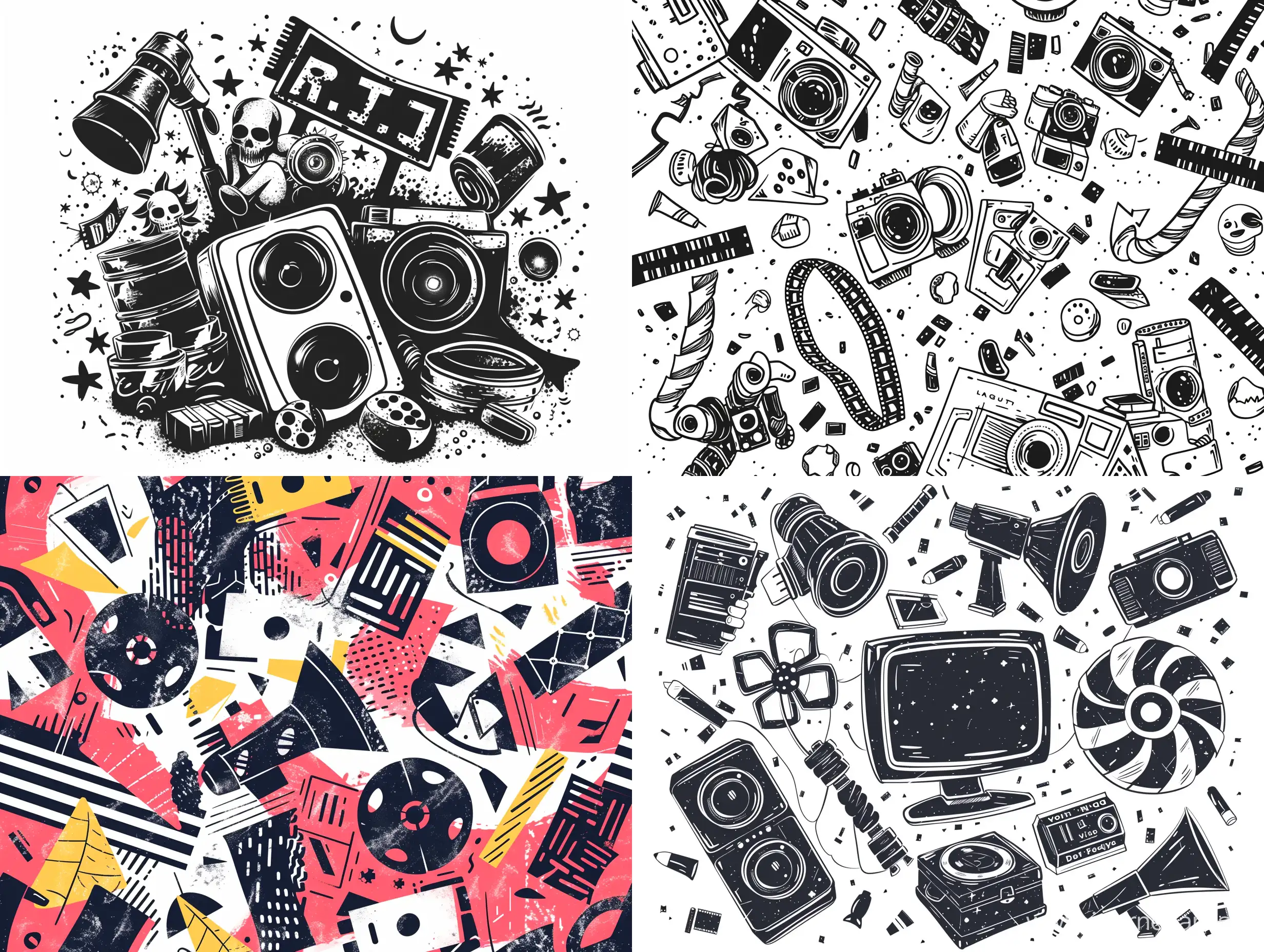 patterned ornament from the attributes of the film industry, stylized caricature, cartoon style,flat illustration, ink, Victor Ngai style