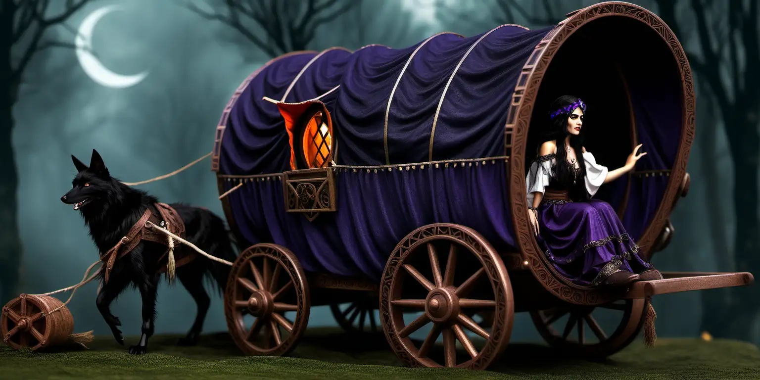 dark haired norse romani  witch  & gypsy wagon