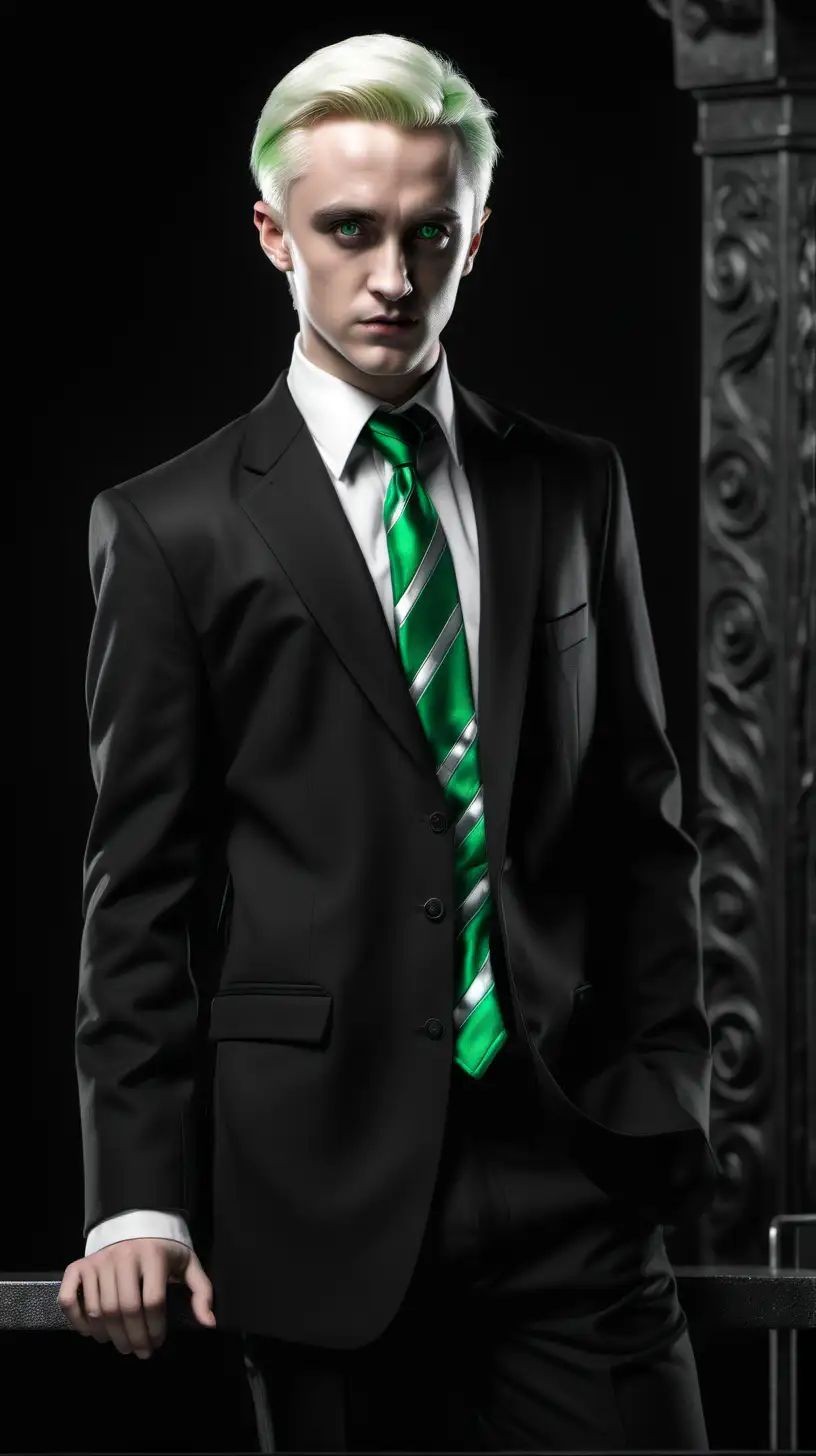 Draco Malfoy, short white hair, green eyes, dressed in black suit with white shirt and necktie with Slytherin colors, standing on  a tribune, sin city style, black and white, hyper-realistic