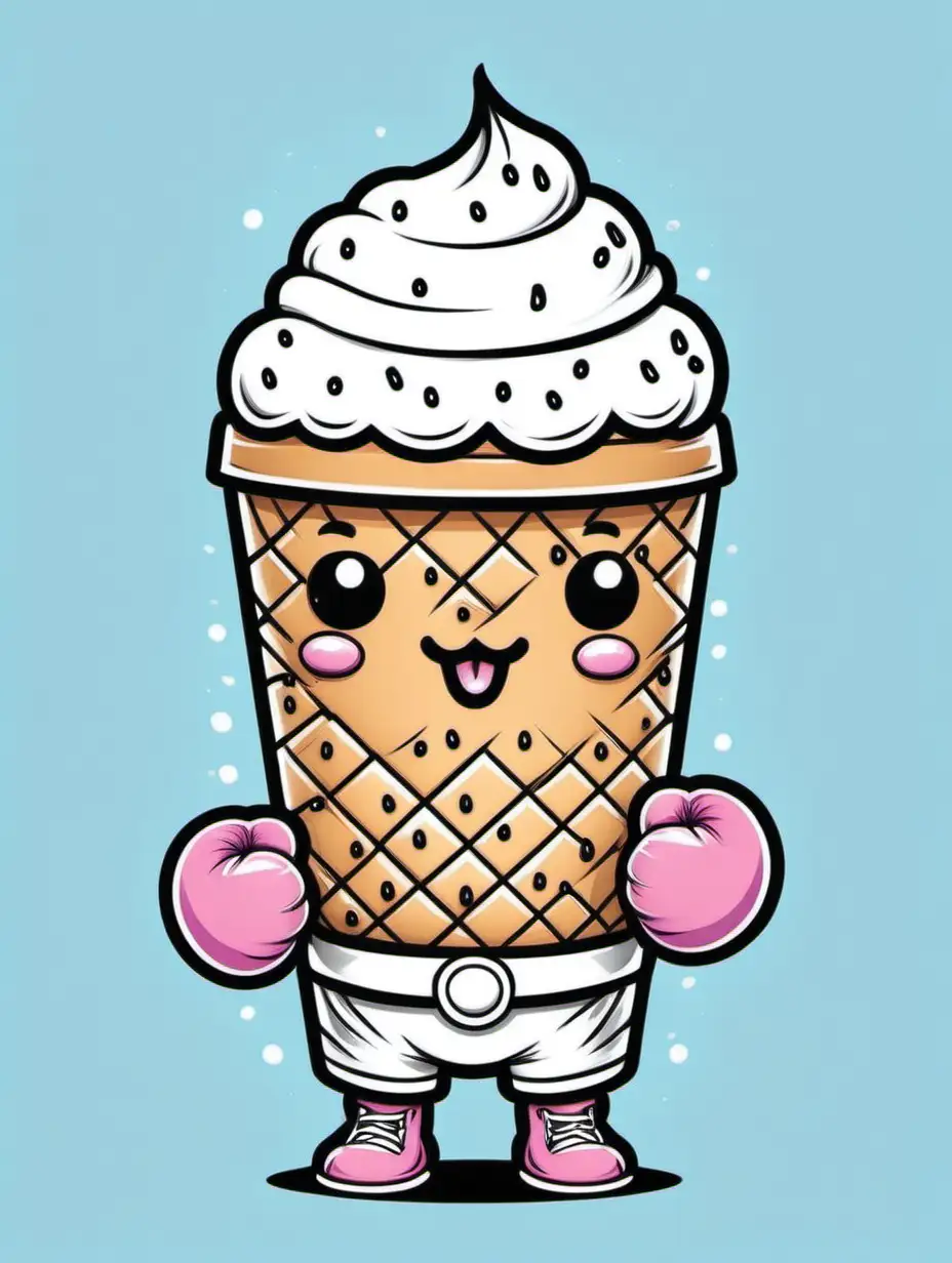 Cute coloring book drawing style of a cute but tough-looking ice-cream cup boxer 
wearing boxing gloves in kawaii