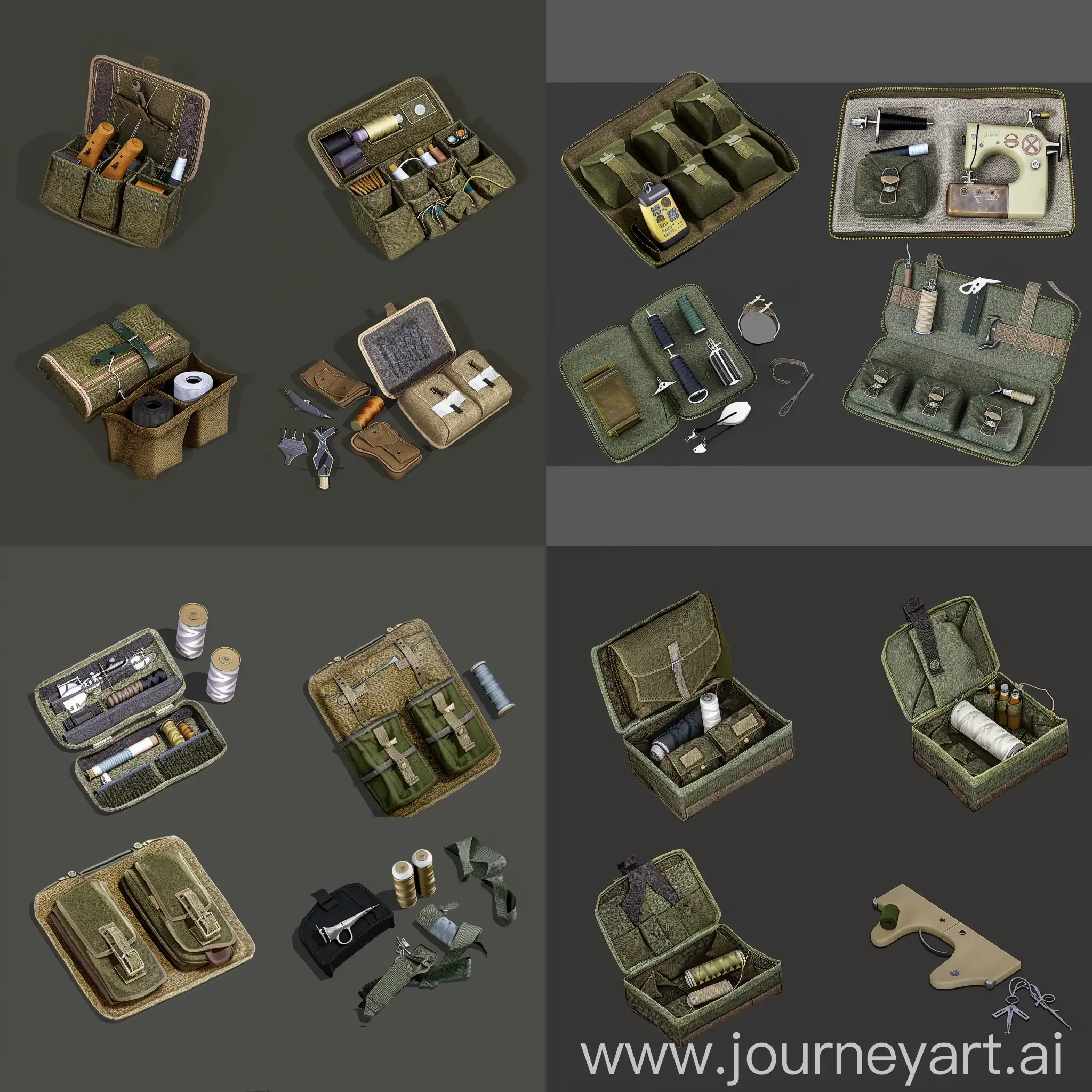 https://i.postimg.cc/XYksmDM1/image.png realistic photo of isometric set, old vintage military sewing kit stored in pouches, style of unreal engine 3d render, ultrarealistic style, isometric set, spritesheet --style raw --stylize 50 --iw 1.5 --chaos 10