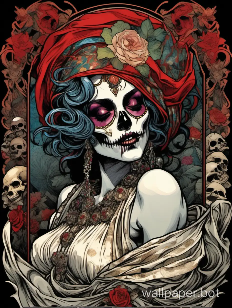 skull young odalisque,  Beautiful face, evil laugh, open mouth with tongue, details, darkness assimetrical, the art of coop style, william morris  alphonse mucha hiperdetailed, torn poster edge, chaos chromatic dripping colors, black, white, red, gray highcontrast explosive colors, sticker art