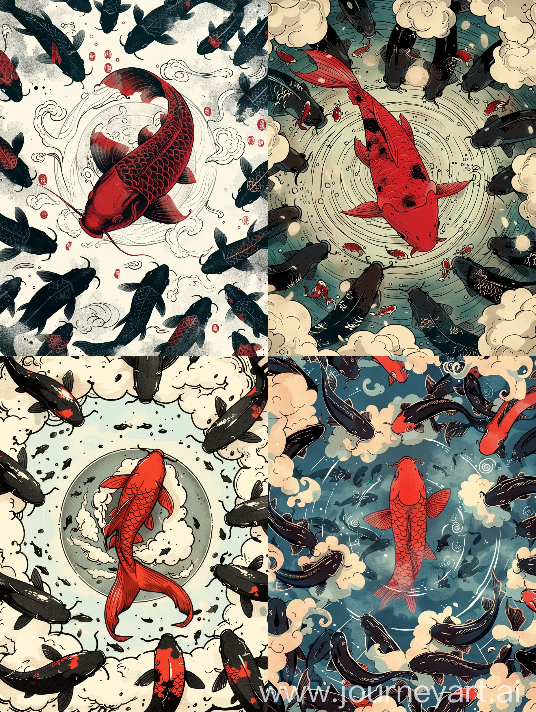 漫画版本的锦鲤，中间一条大红鱼，祥云图案的圆圈圈起来，周围许多普通黑色鱼