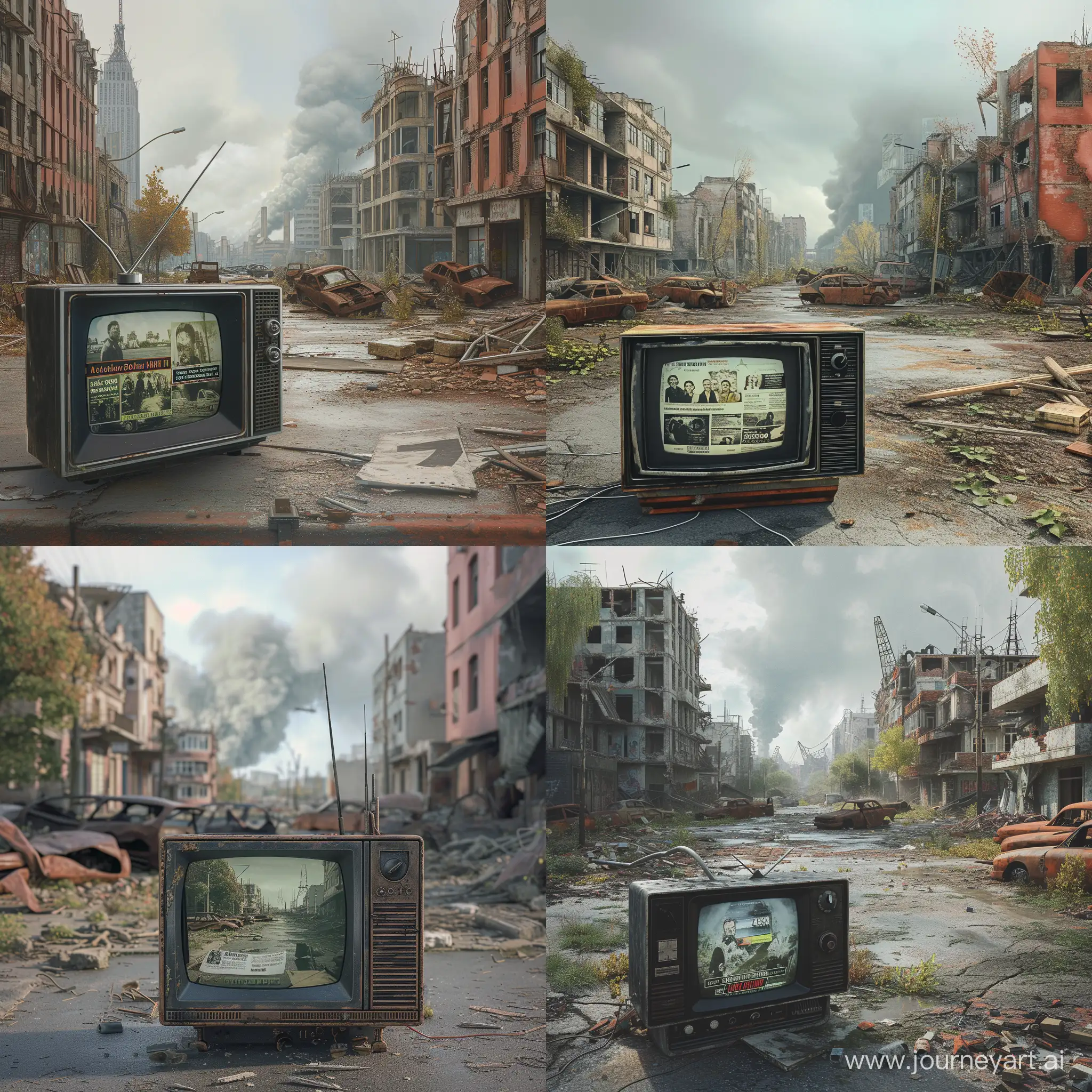 An image of a working television on a deserted street in an abandoned city. The TV is showing a news show about a nuclear catastrophe that has devastated the world. Destroyed buildings and rusted cars can be seen in the background. The sky is gray and full of clouds of smoke.